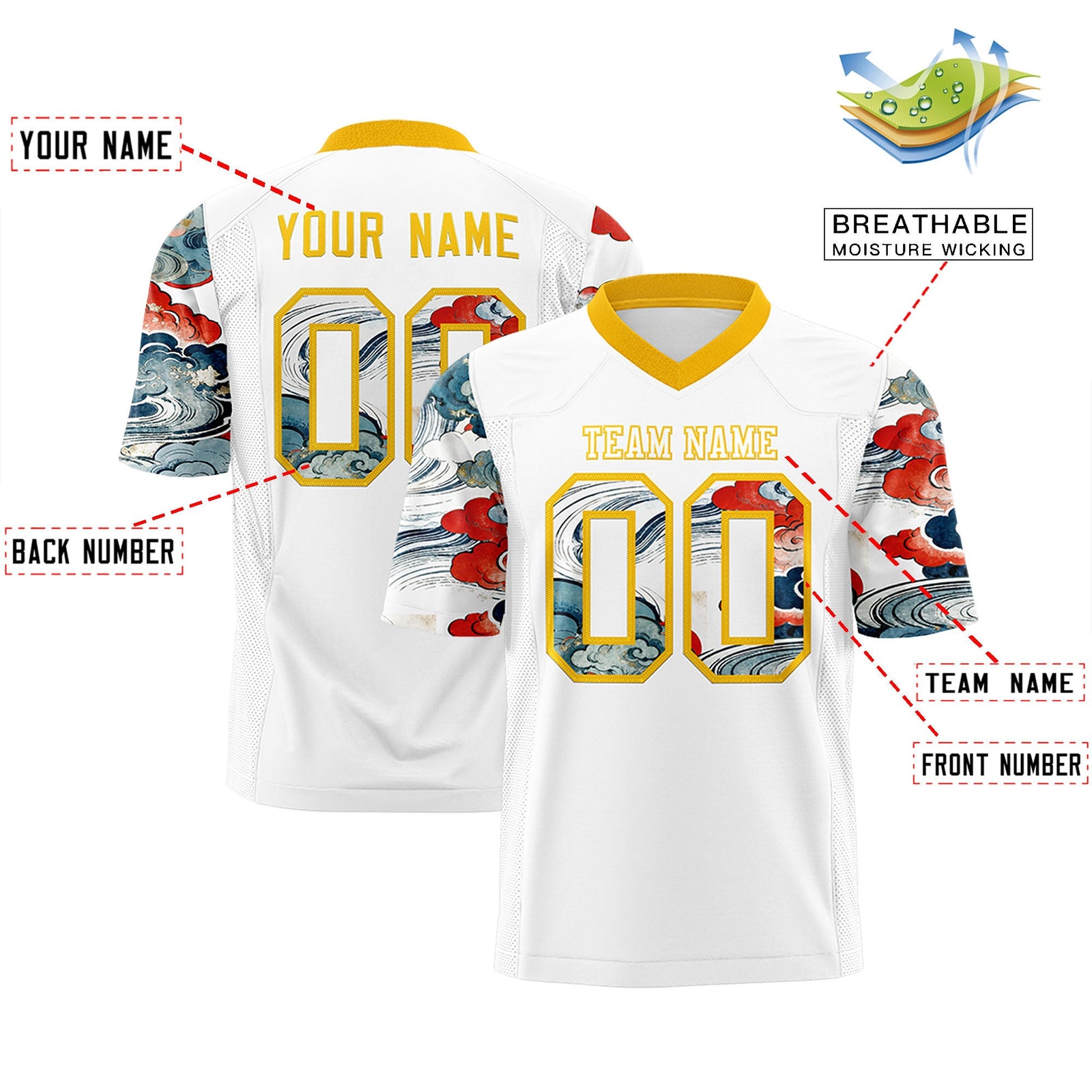 Custom White Yellow Sleeve Ukiyo-e Auspicious Clouds Graffiti Pattern Football Jersey | For Men,For Women | KXKSHOP