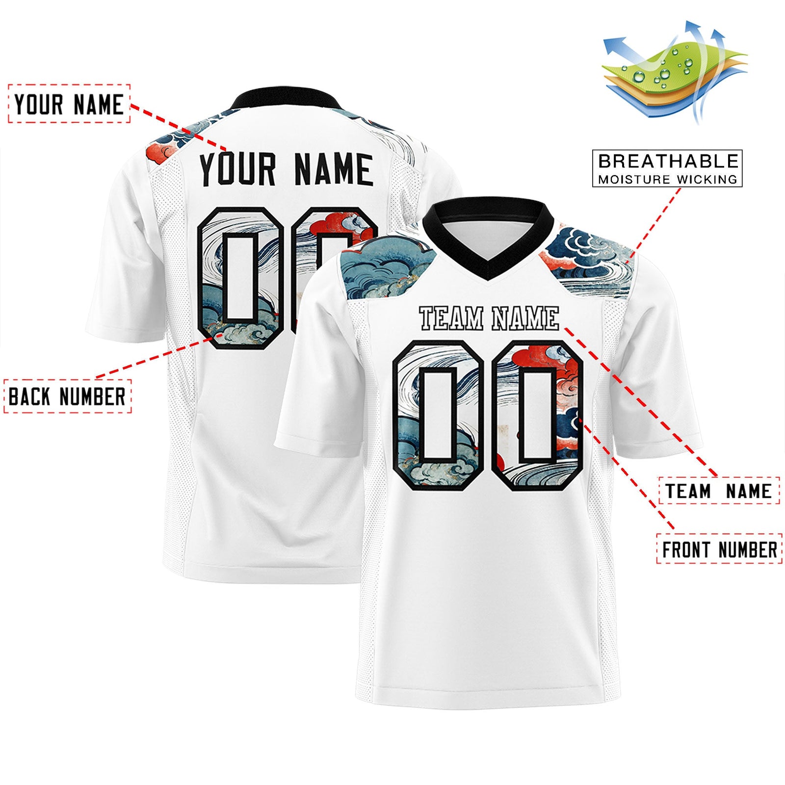 Custom Black White Ukiyo-e Auspicious Clouds Graffiti Pattern Football Jersey | For Men,For Women | KXKSHOP