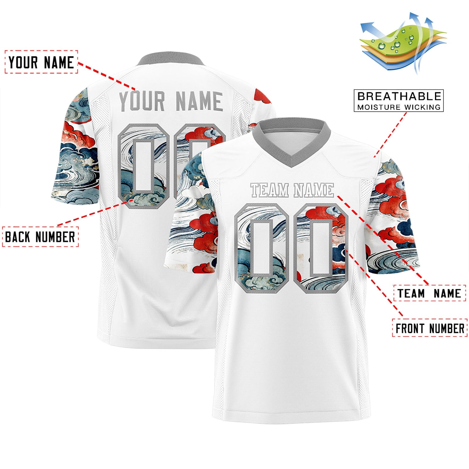 Custom White Gray Sleeve Ukiyo-e Auspicious Clouds Graffiti Pattern Football Jersey | For Men,For Women | KXKSHOP