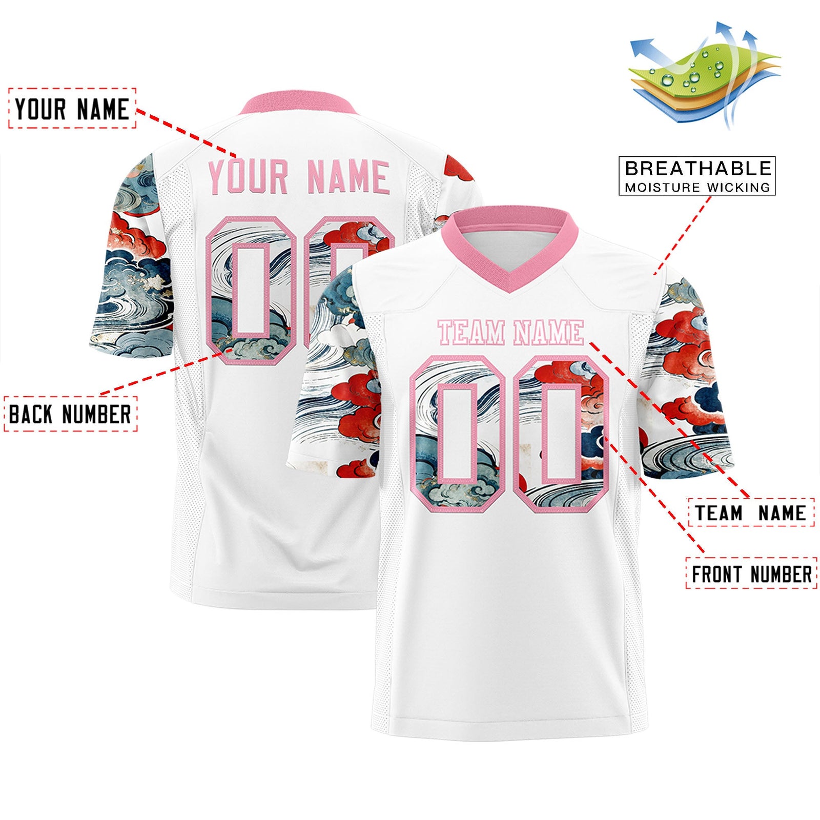 Custom White Light Pink Sleeve Ukiyo-e Auspicious Clouds Graffiti Pattern Football Jersey | For Men,For Women | KXKSHOP