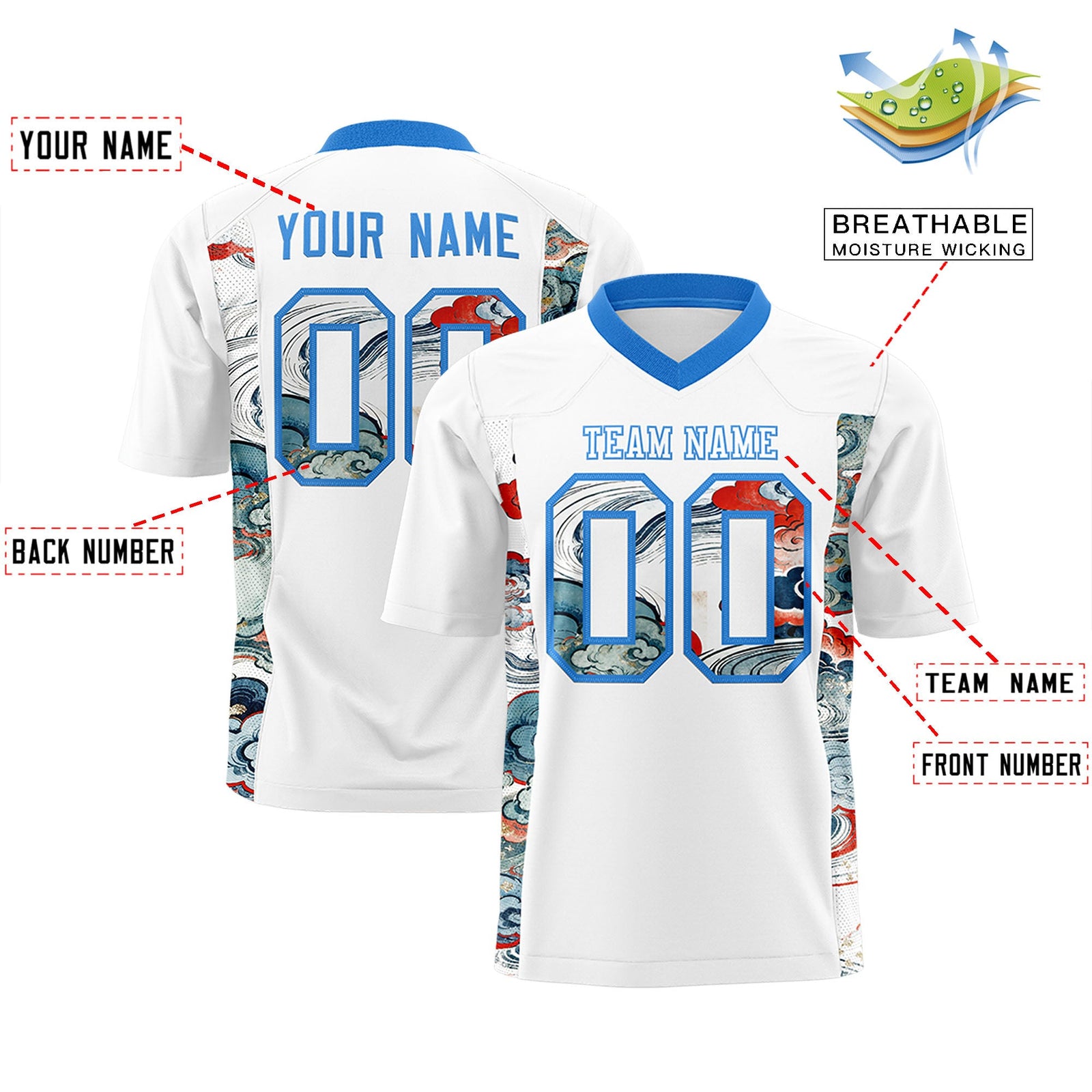 Custom White Light Blue Ukiyo-e Auspicious Clouds Graffiti Pattern Football Jersey | For Men,For Women | KXKSHOP