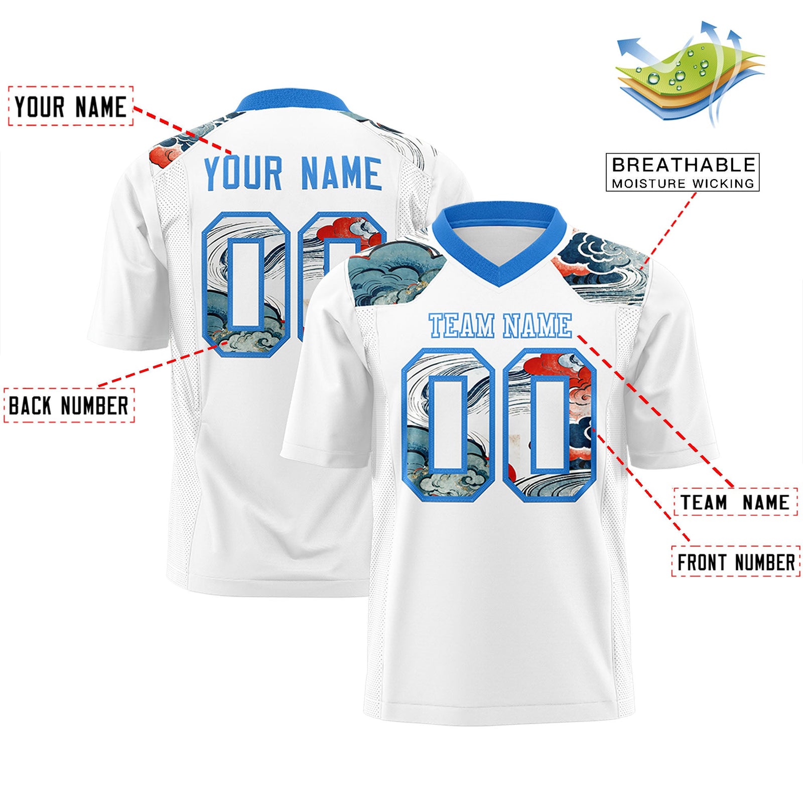 Custom Light Blue White Ukiyo-e Auspicious Clouds Graffiti Pattern Football Jersey | For Men,For Women | KXKSHOP