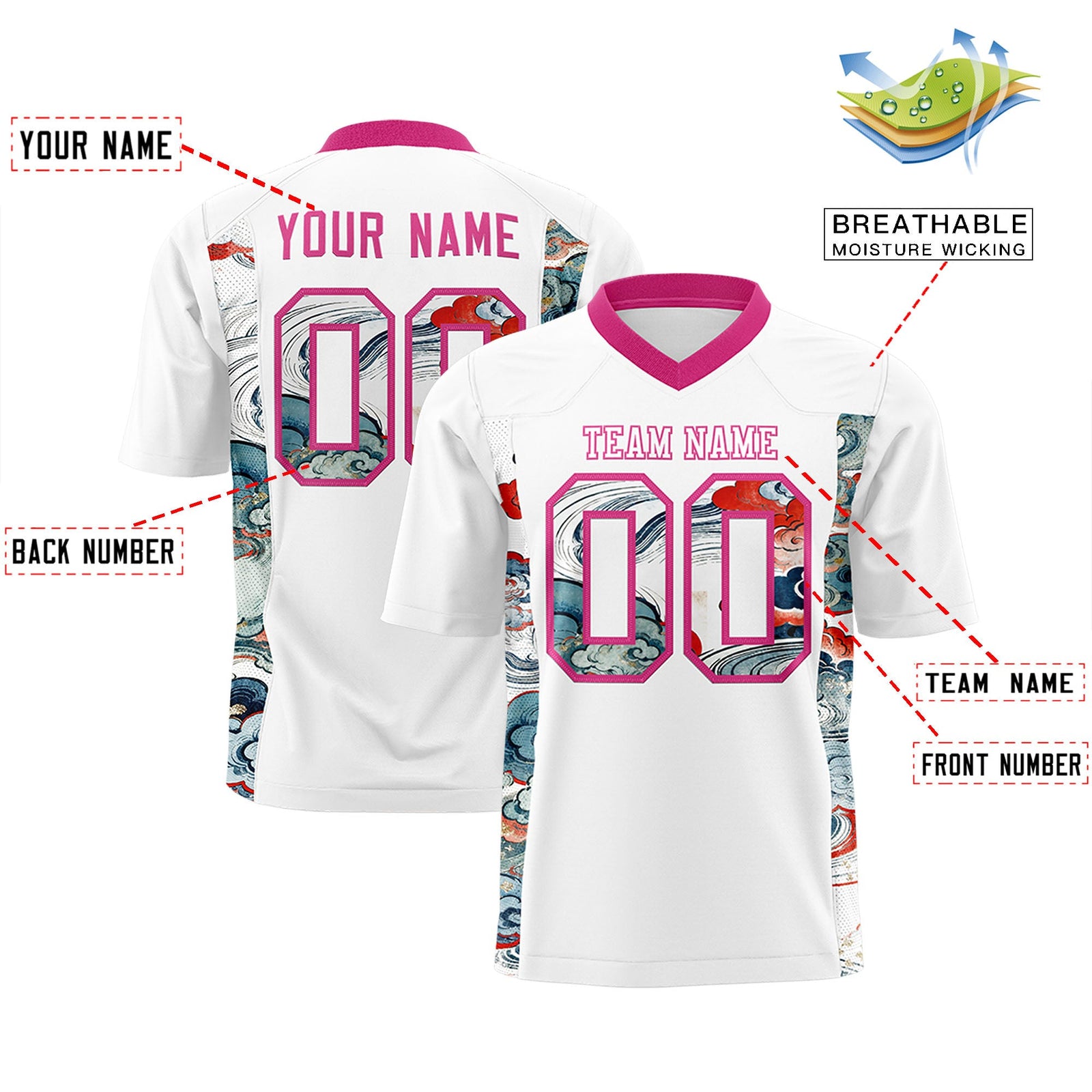 Custom White Rose Red Ukiyo-e Auspicious Clouds Graffiti Pattern Football Jersey | For Men,For Women | KXKSHOP