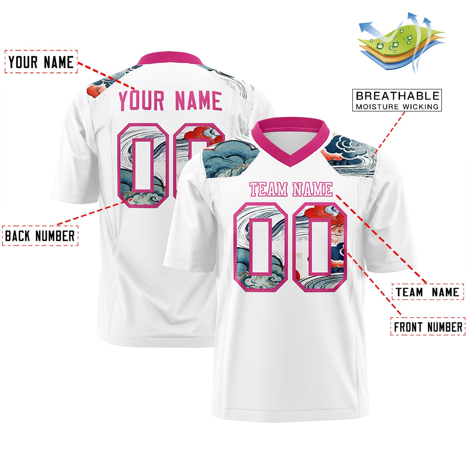 Custom Rose Red White Ukiyo-e Auspicious Clouds Graffiti Pattern Football Jersey | For Men,For Women | KXKSHOP