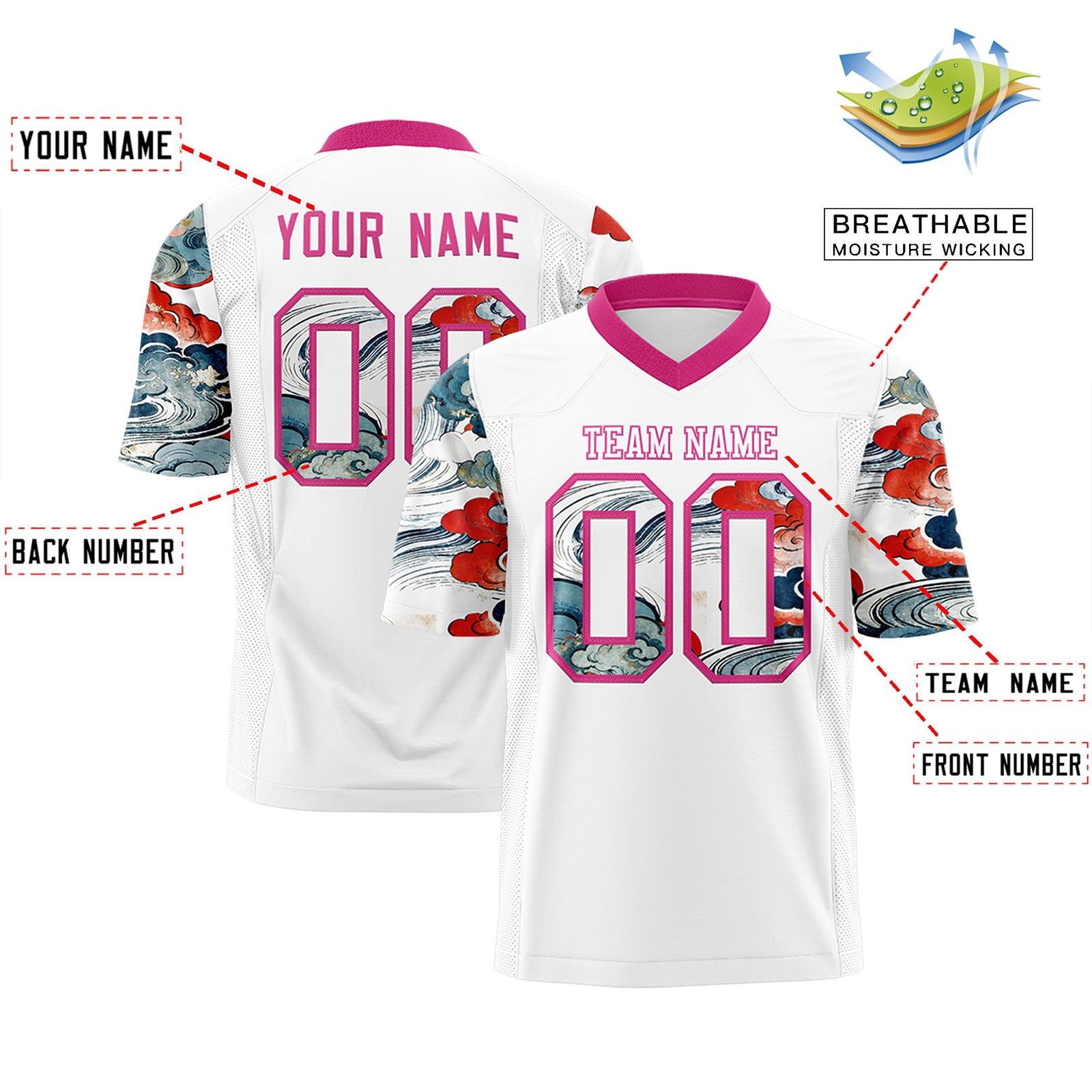 Custom White Rose Red Sleeve Ukiyo-e Auspicious Clouds Graffiti Pattern Football Jersey | For Men,For Women | KXKSHOP