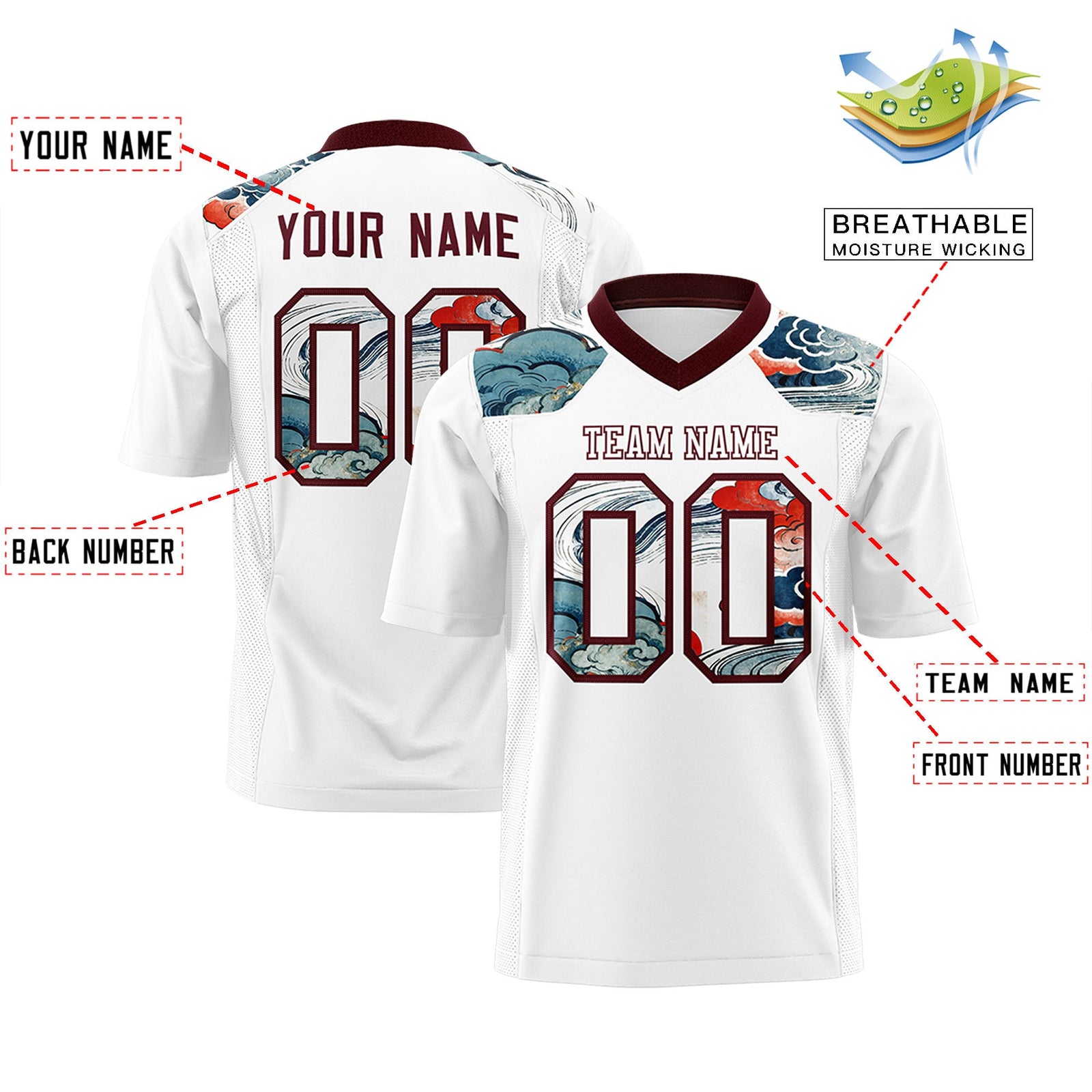Custom Burgundy White Ukiyo-e Auspicious Clouds Graffiti Pattern Football Jersey | For Men,For Women | KXKSHOP