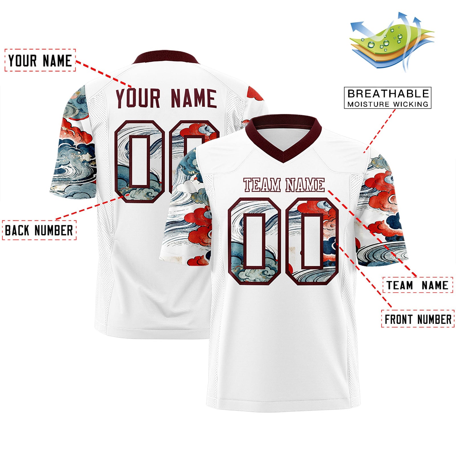 Custom White Burgundy Sleeve Ukiyo-e Auspicious Clouds Graffiti Pattern Football Jersey | For Men,For Women | KXKSHOP