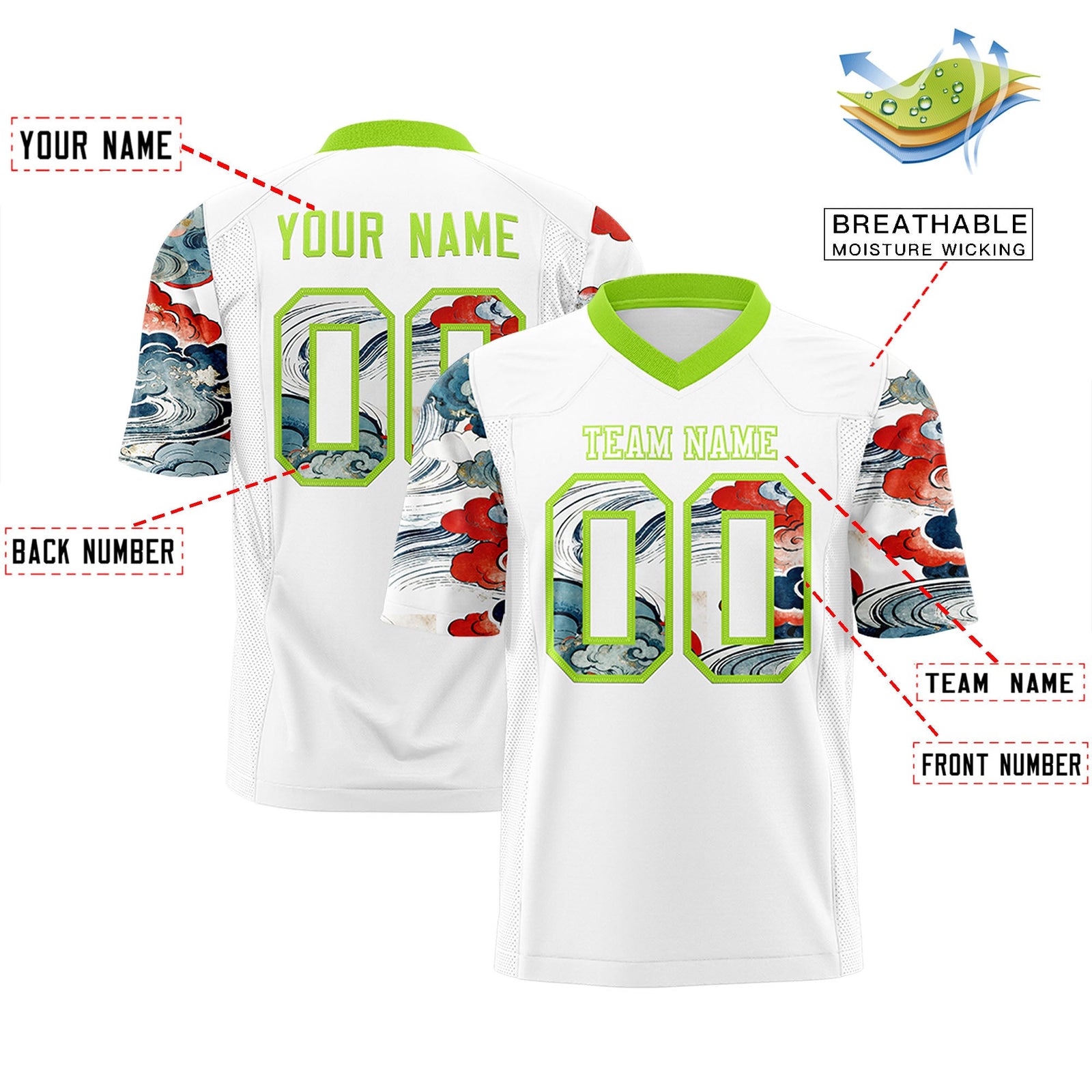 Custom White Neon Green Sleeve Ukiyo-e Auspicious Clouds Graffiti Pattern Football Jersey | For Men,For Women | KXKSHOP