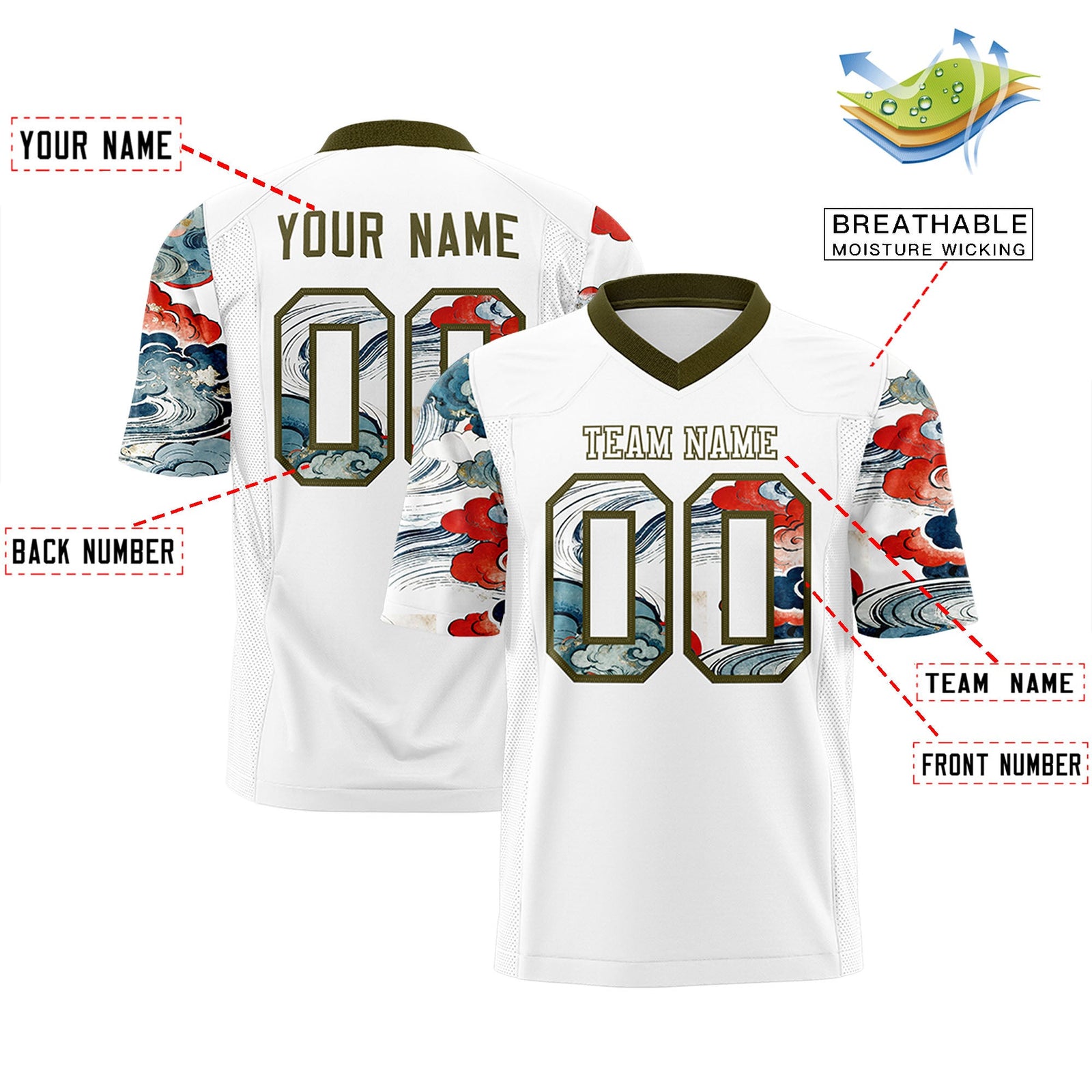 Custom White Olive Sleeve Ukiyo-e Auspicious Clouds Graffiti Pattern Football Jersey | For Men,For Women | KXKSHOP