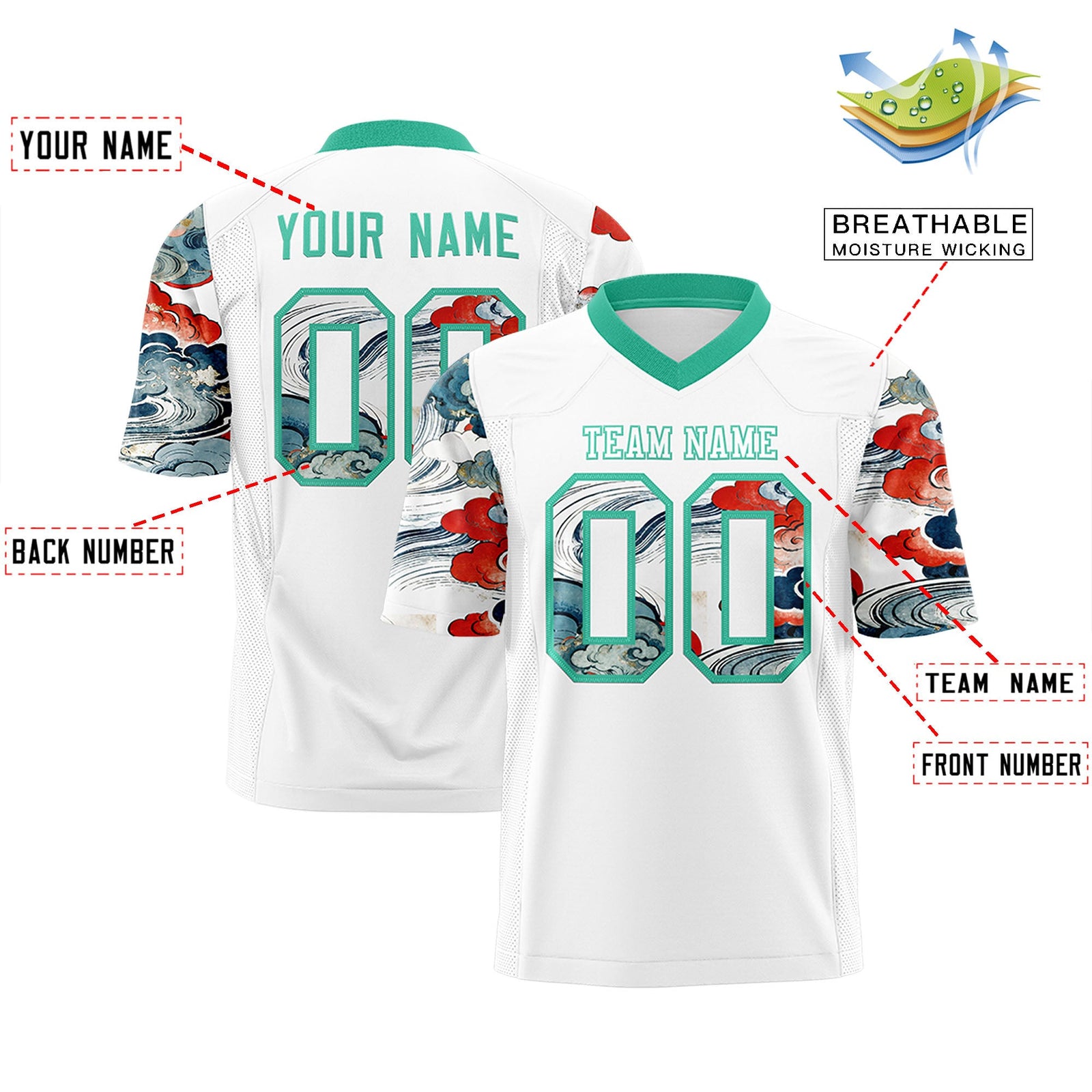 Custom White Bright Green Sleeve Ukiyo-e Auspicious Clouds Graffiti Pattern Football Jersey | For Men,For Women | KXKSHOP