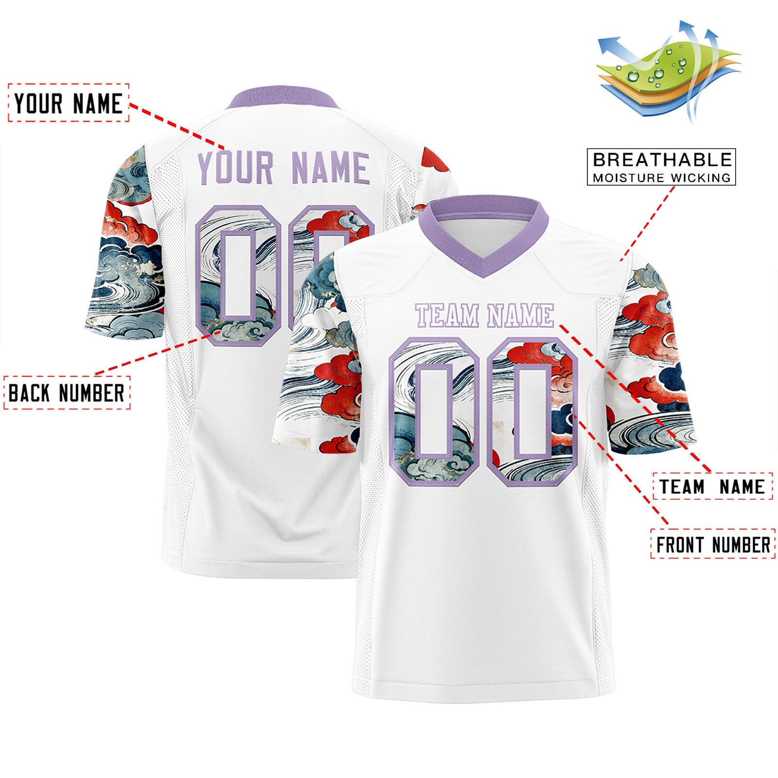 Custom White Light Purple Sleeve Ukiyo-e Auspicious Clouds Graffiti Pattern Football Jersey | For Men,For Women | KXKSHOP