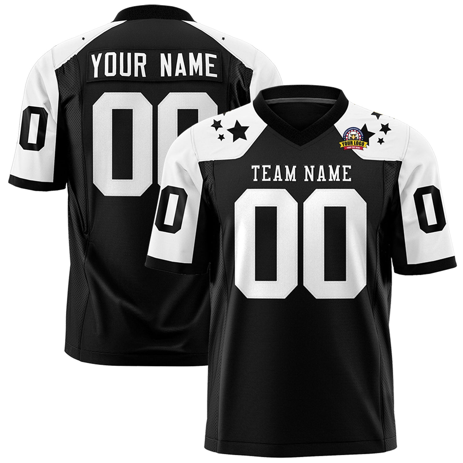 Custom Black White Personalized Shoulder Star Pattern Authentic Flag Football Jersey