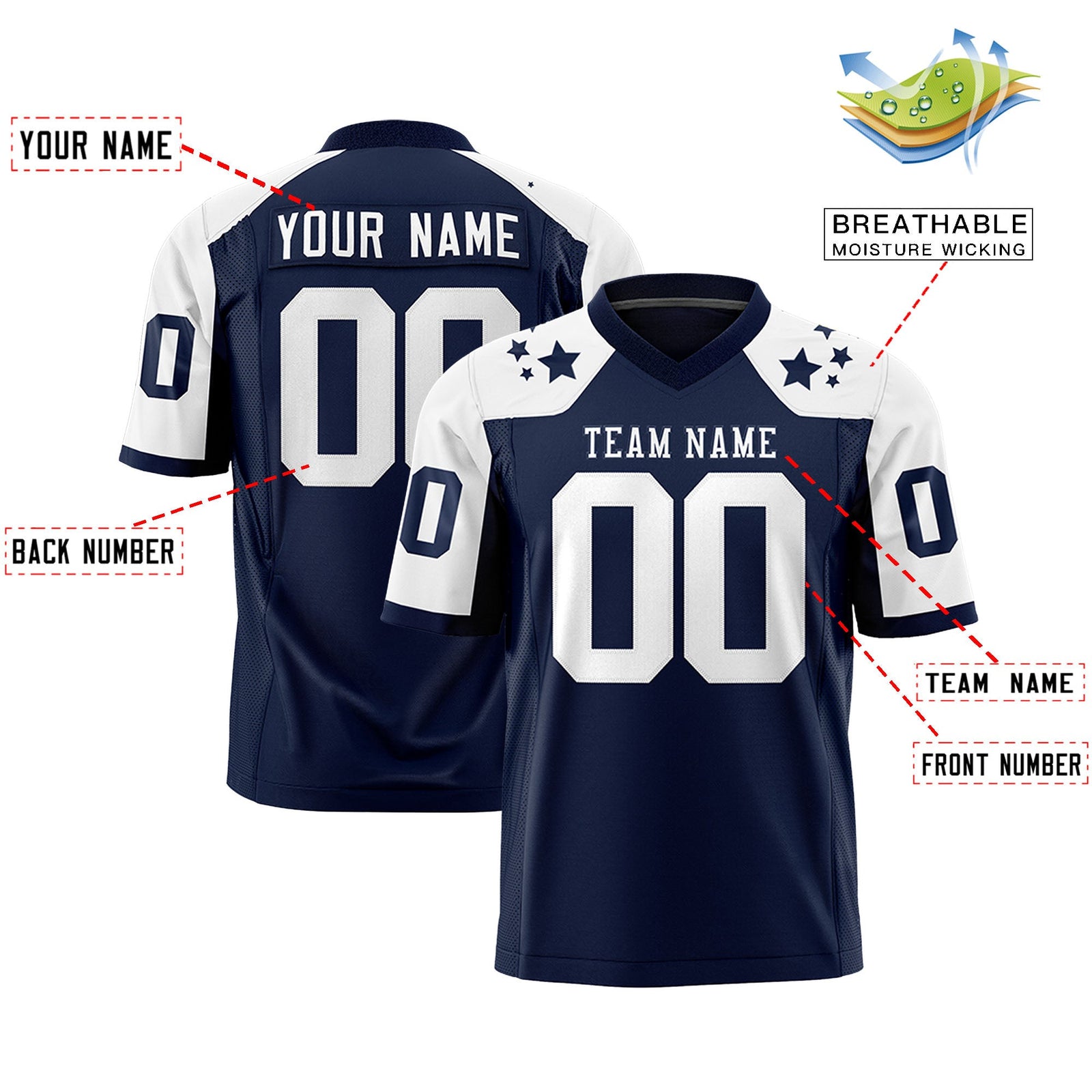 Custom Navy White Personalized Shoulder Star Pattern Authentic Flag Football Jersey