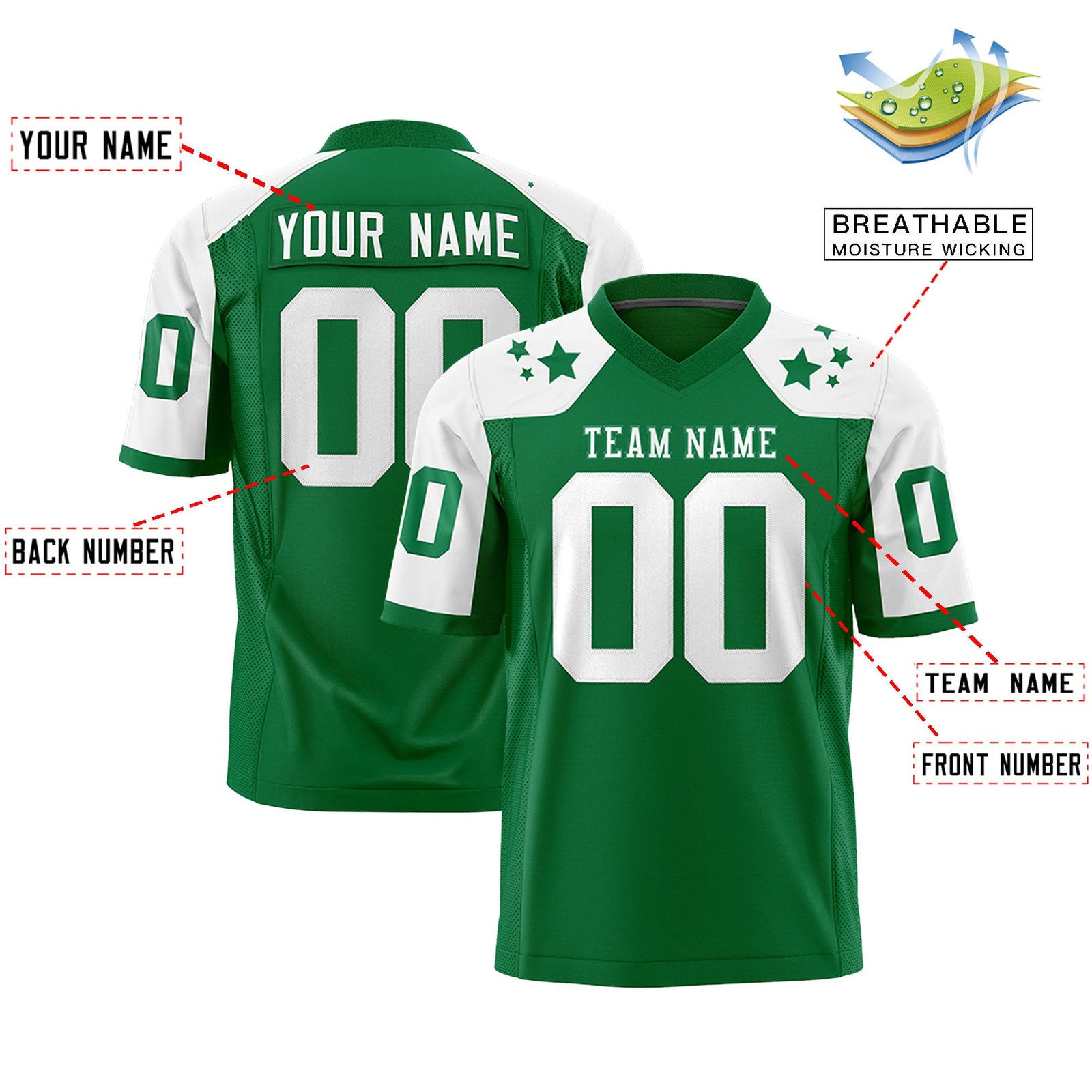 Custom Kelly Green White Personalized Shoulder Star Pattern Authentic Flag Football Jersey