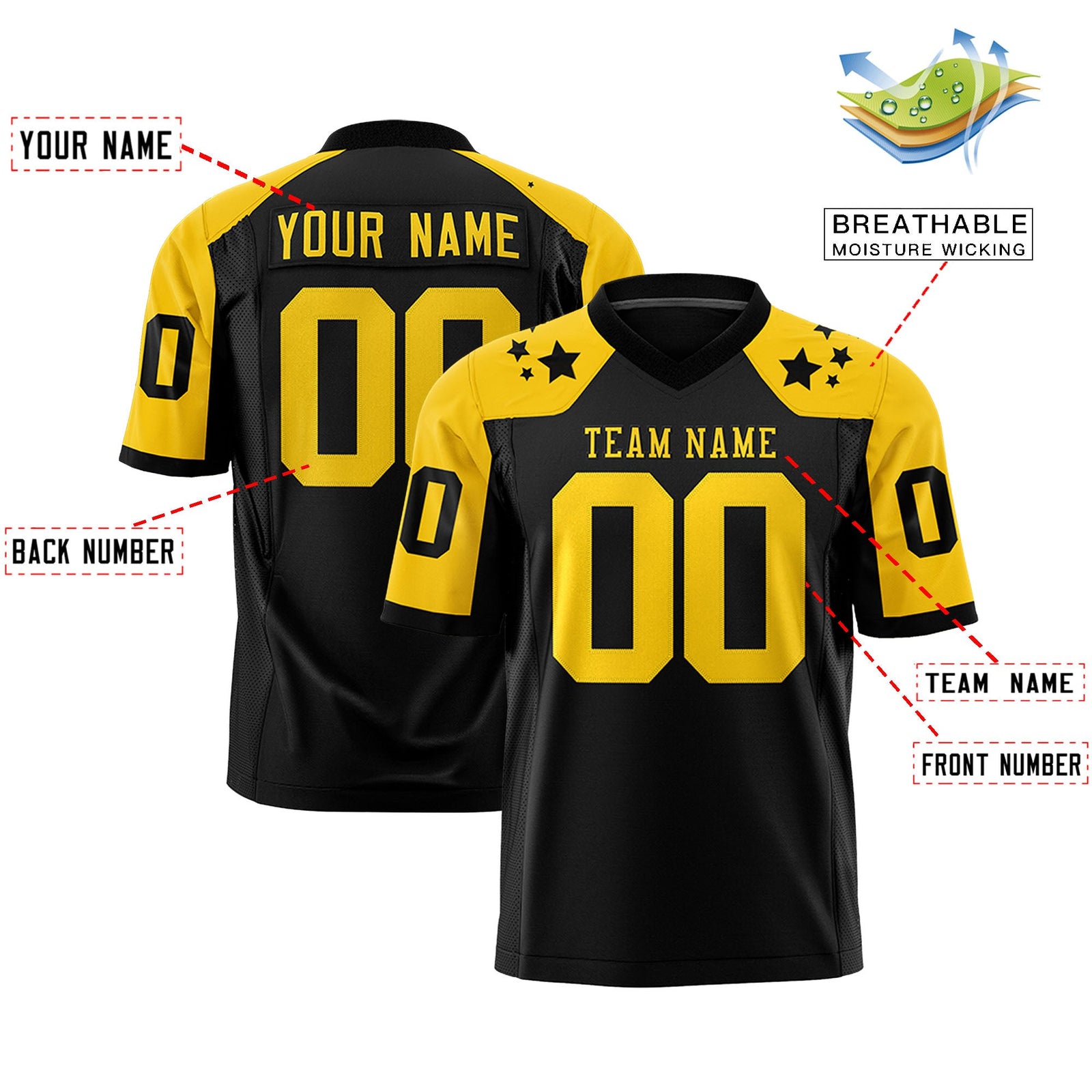 Custom Black Gold Personalized Shoulder Star Pattern Authentic Flag Football Jersey