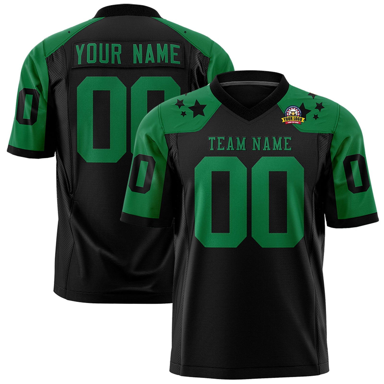 Custom Black Kelly Green Personalized Shoulder Star Pattern Authentic Flag Football Jersey