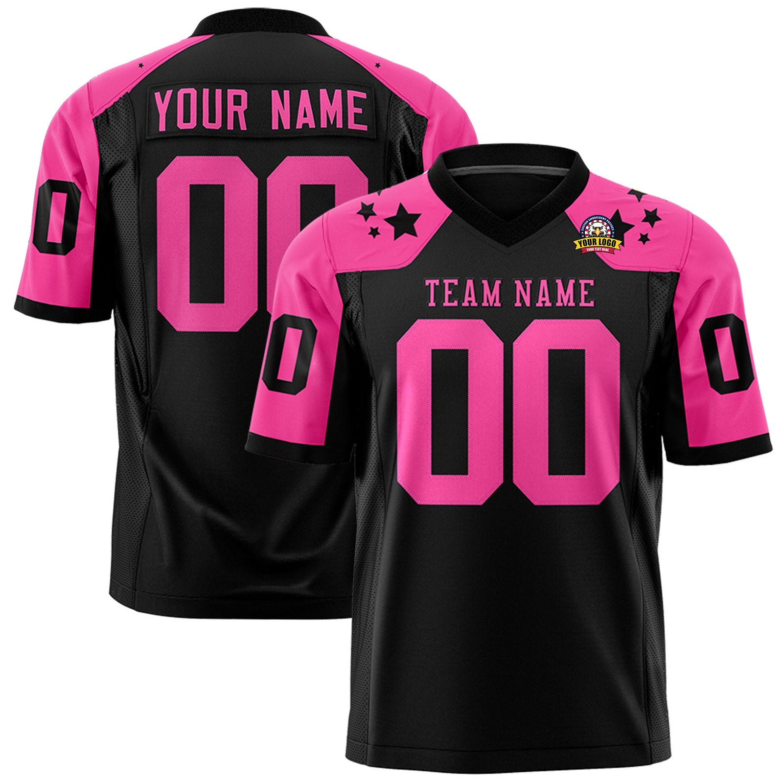 Custom Black Pink Personalized Shoulder Star Pattern Authentic Flag Football Jersey