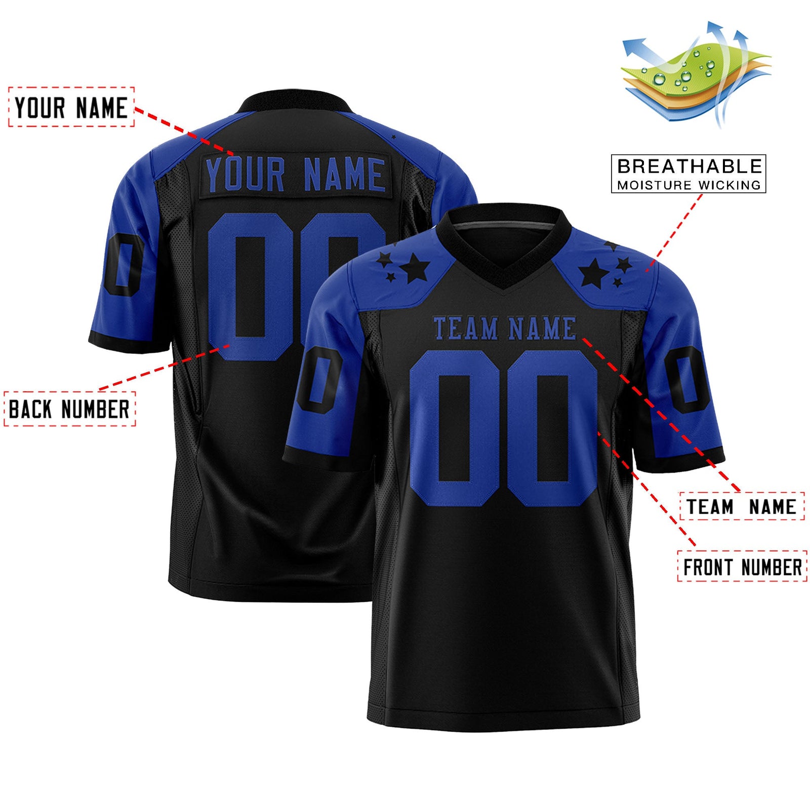 Custom Black Royal Personalized Shoulder Star Pattern Authentic Flag Football Jersey