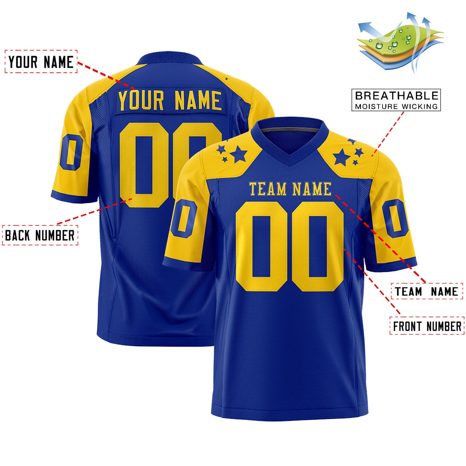Custom Royal Gold Personalized Shoulder Star Pattern Authentic Flag Football Jersey