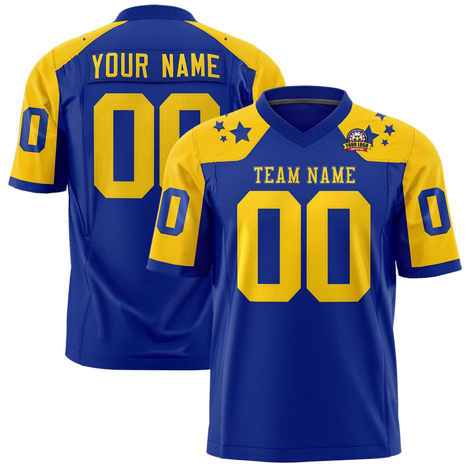 Custom Royal Gold Personalized Shoulder Star Pattern Authentic Flag Football Jersey