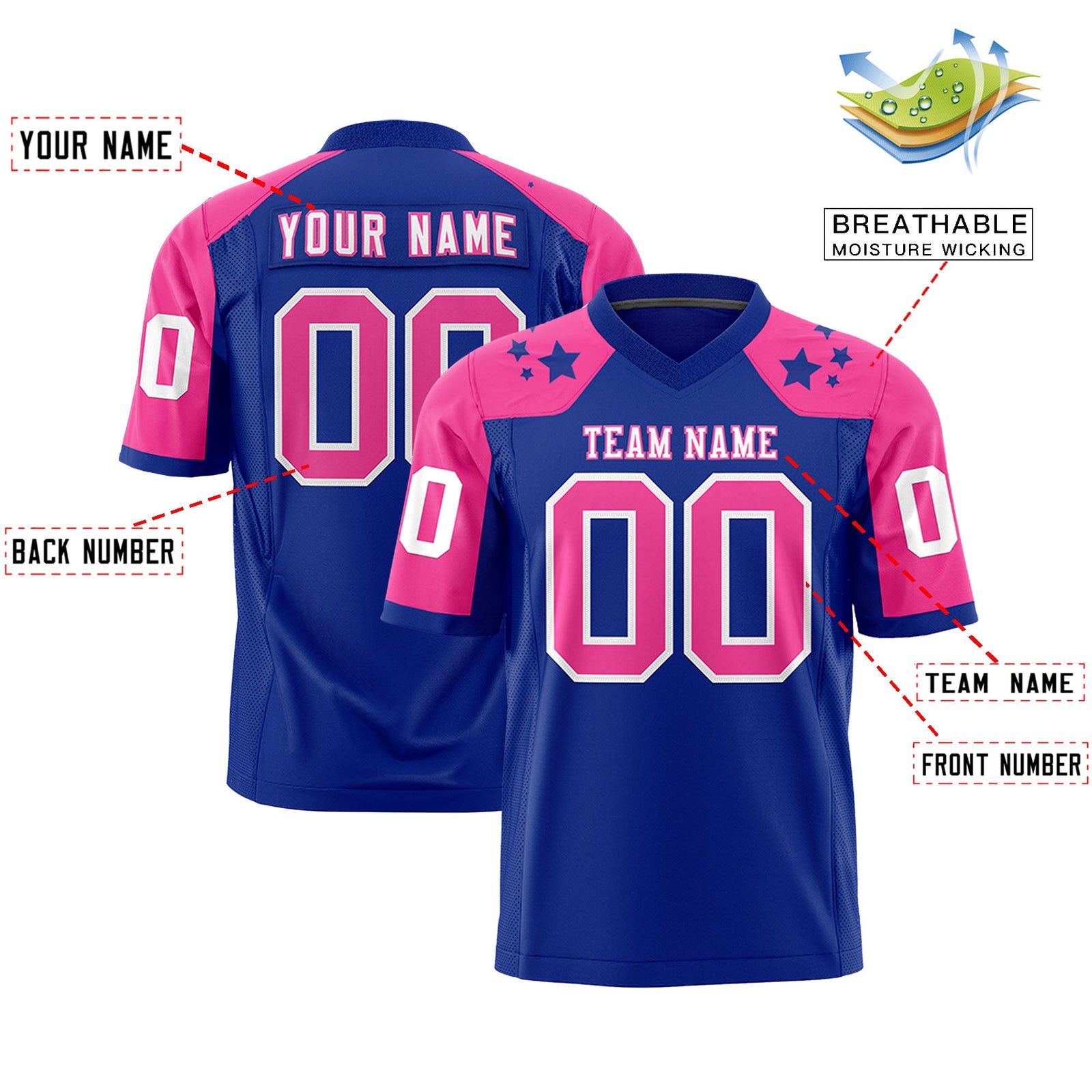 Custom Royal Pink Personalized Shoulder Star Pattern Authentic Flag Football Jersey