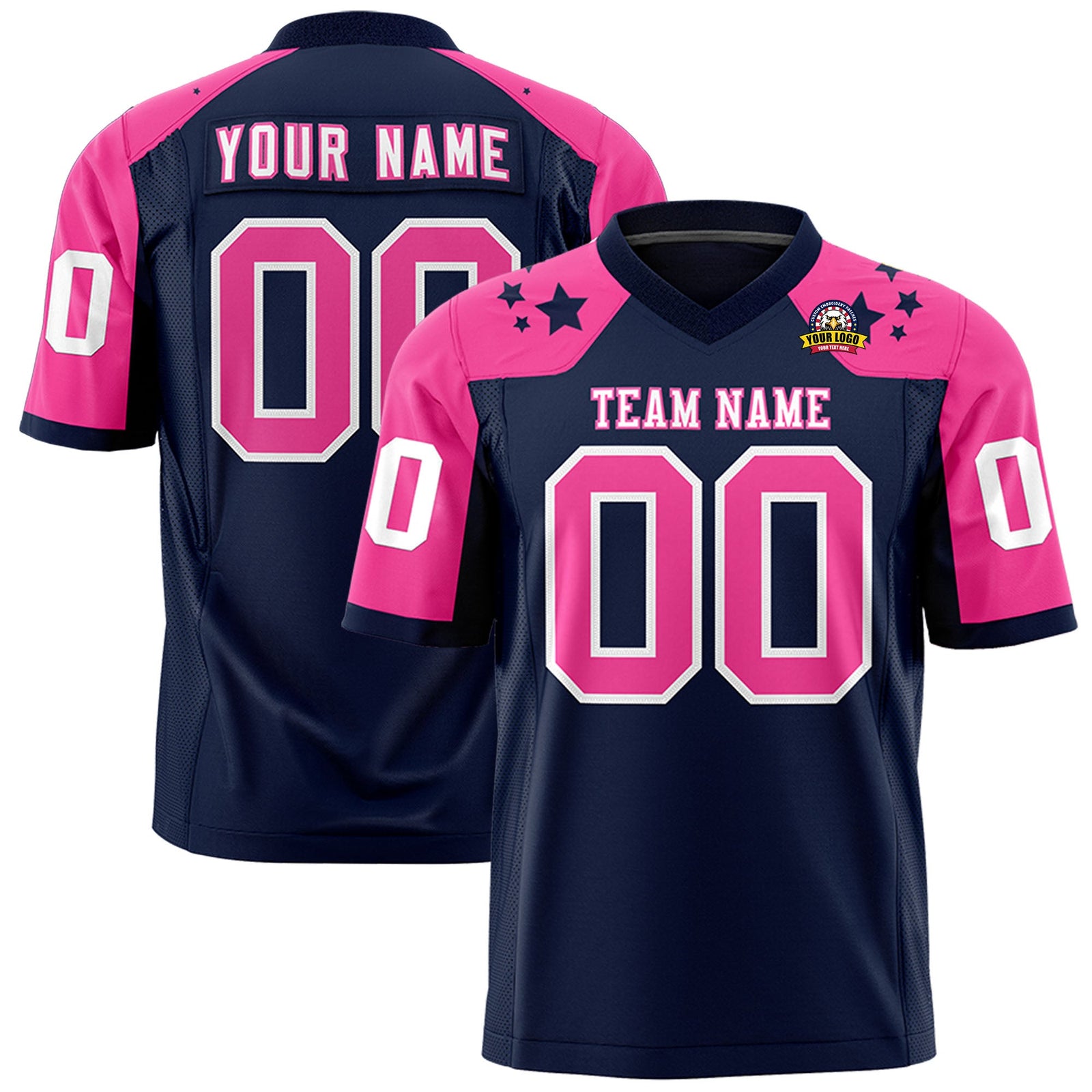 Custom Navy Pink Personalized Shoulder Star Pattern Authentic Flag Football Jersey