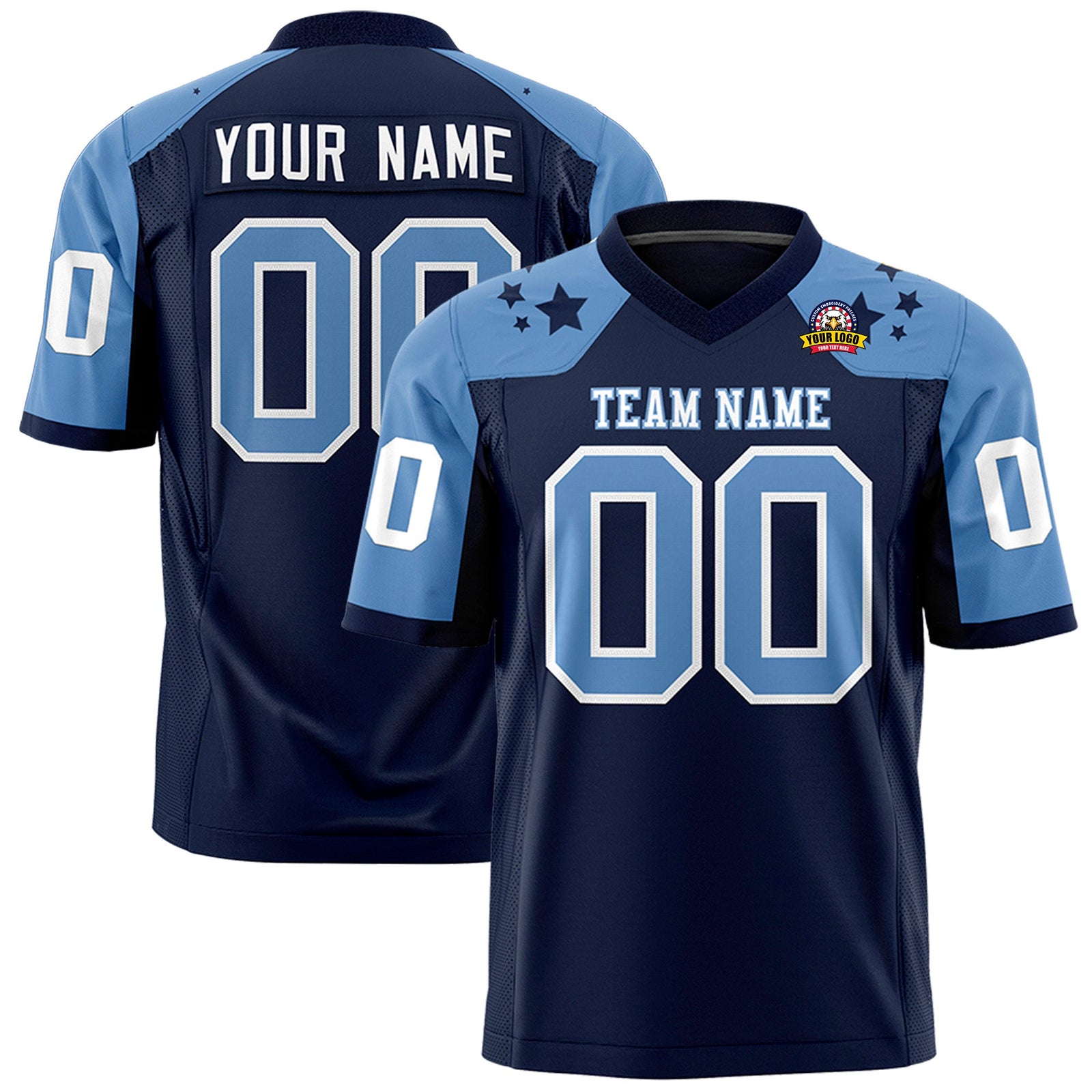Custom Navy Light Blue Personalized Shoulder Star Pattern Authentic Flag Football Jersey