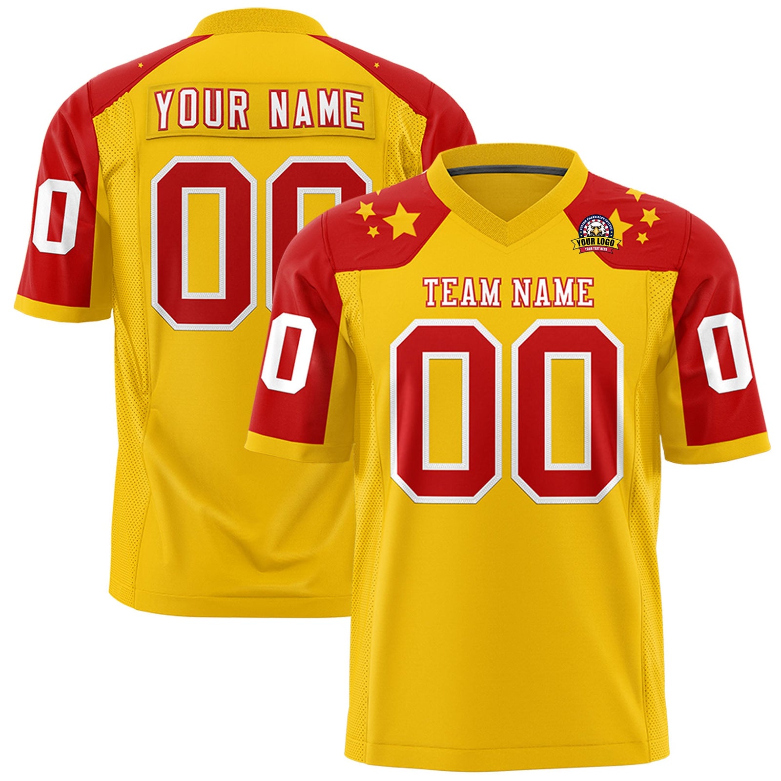Custom Gold Red Personalized Shoulder Star Pattern Authentic Flag Football Jersey