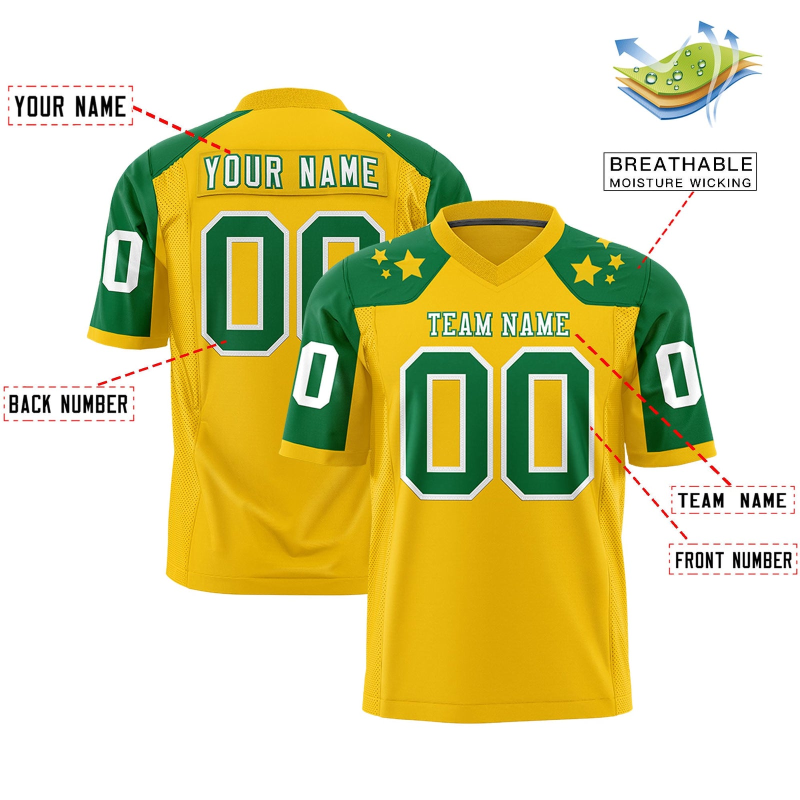Custom Gold Kelly Green Personalized Shoulder Star Pattern Authentic Flag Football Jersey