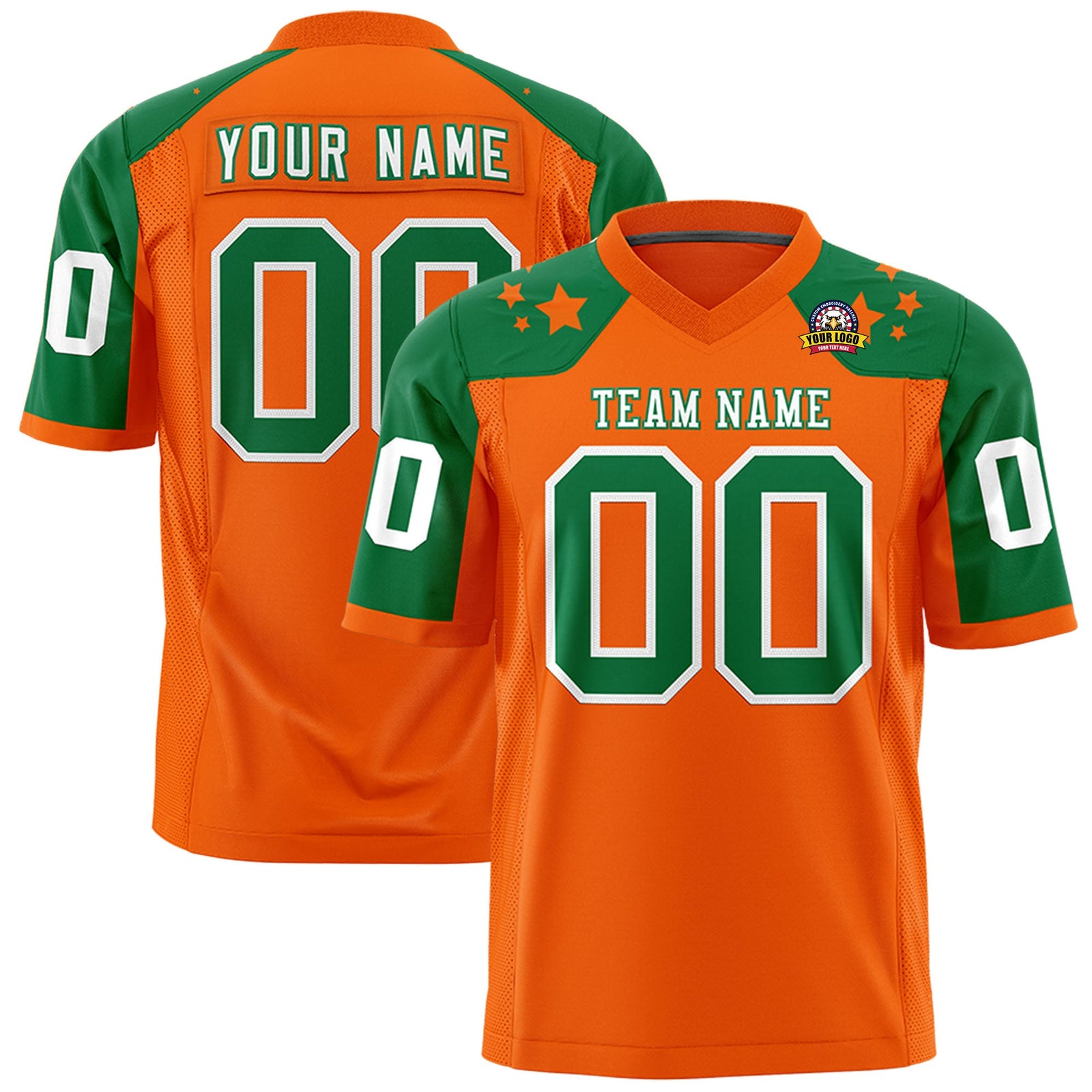 Custom Orange Kelly Green Personalized Shoulder Star Pattern Authentic Flag Football Jersey