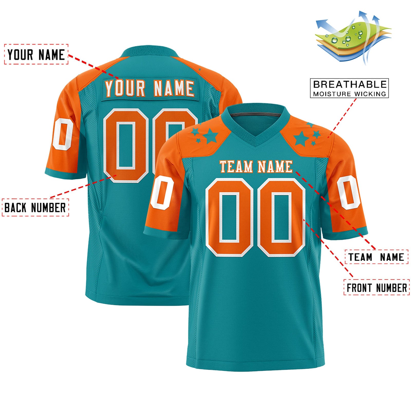 Custom Aqua Orange Personalized Shoulder Star Pattern Authentic Flag Football Jersey
