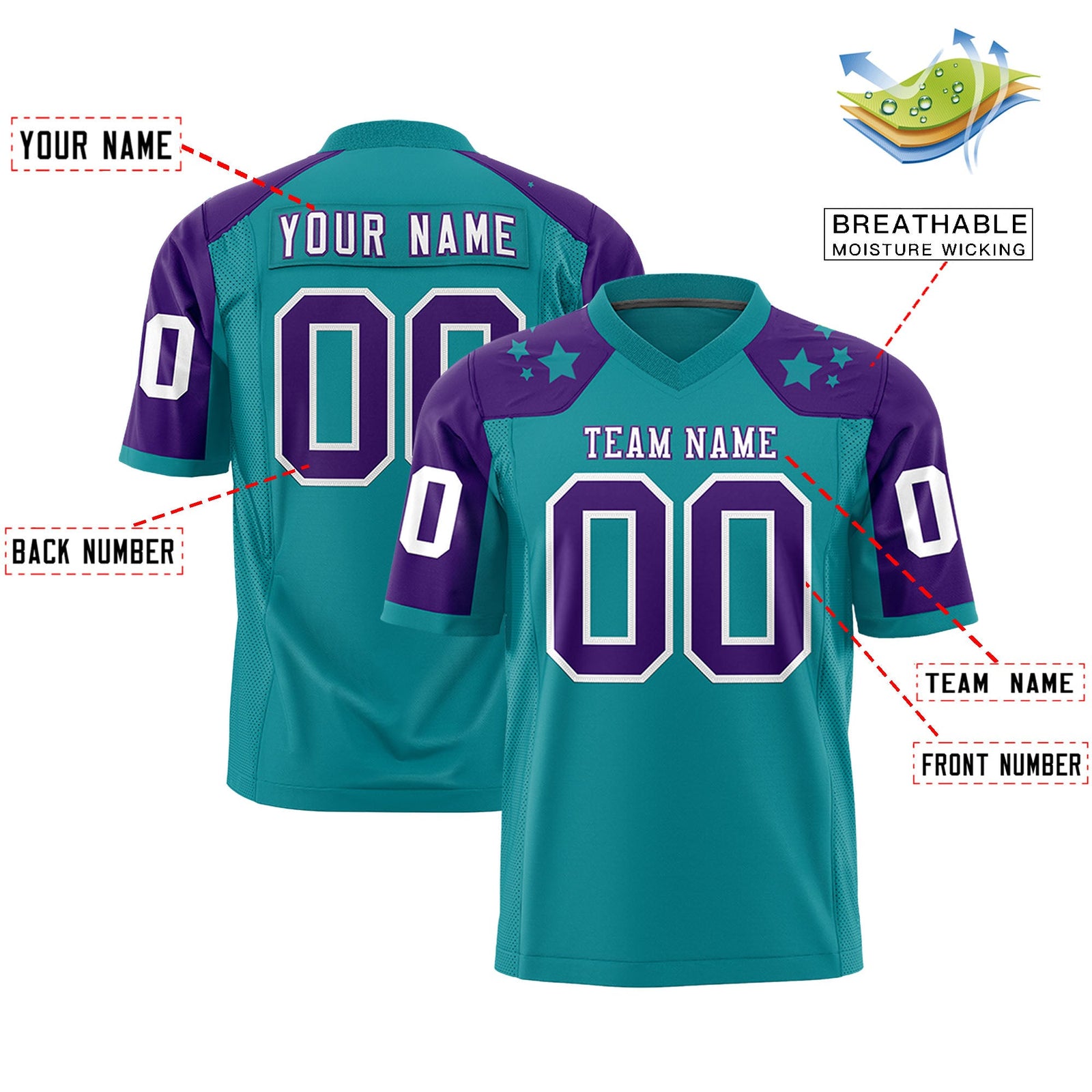 Custom Aqua Purple Personalized Shoulder Star Pattern Authentic Flag Football Jersey