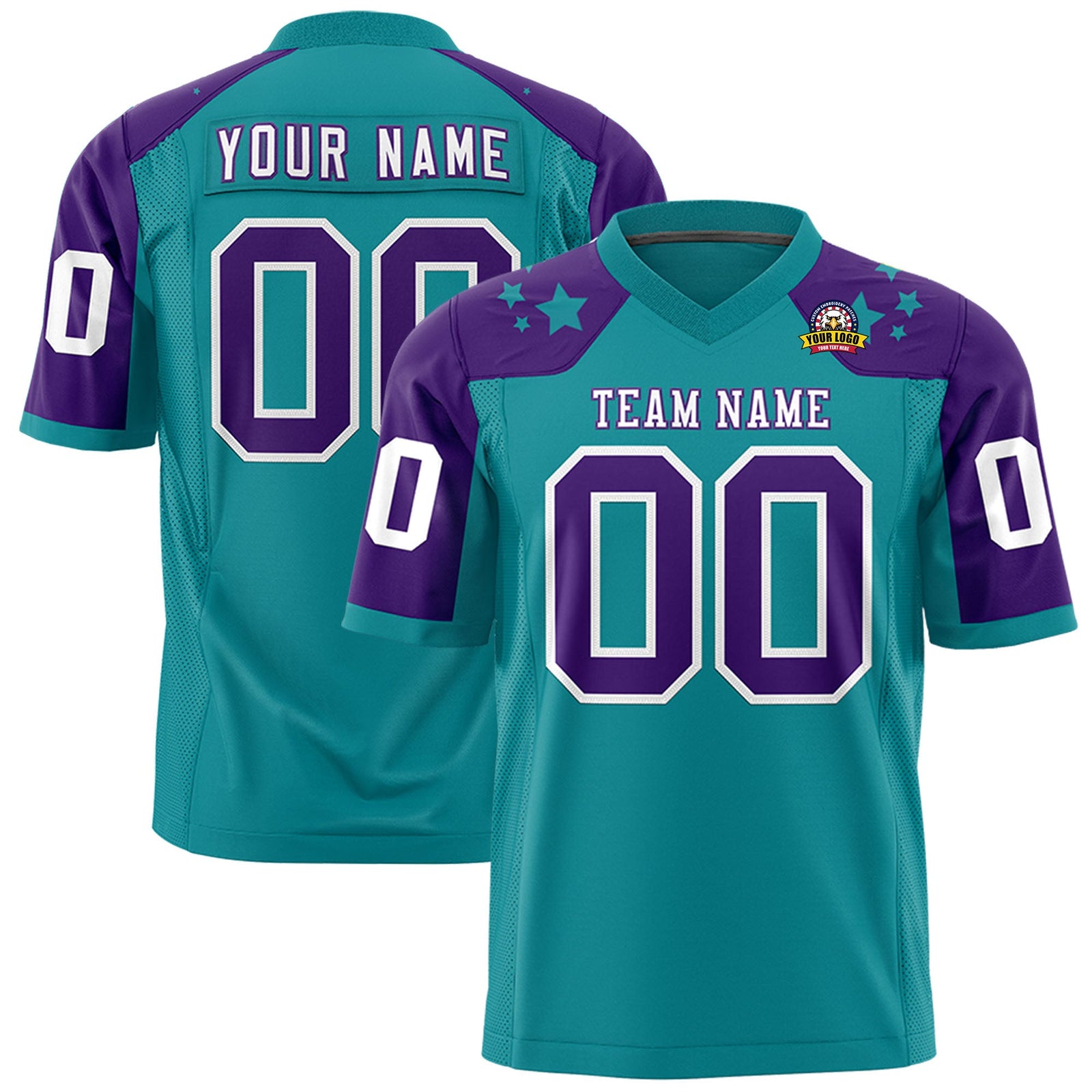 Custom Aqua Purple Personalized Shoulder Star Pattern Authentic Flag Football Jersey