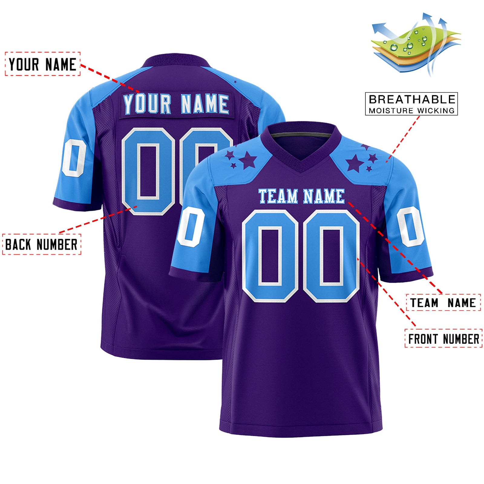 Custom Purple Powder Blue Personalized Shoulder Star Pattern Authentic Flag Football Jersey