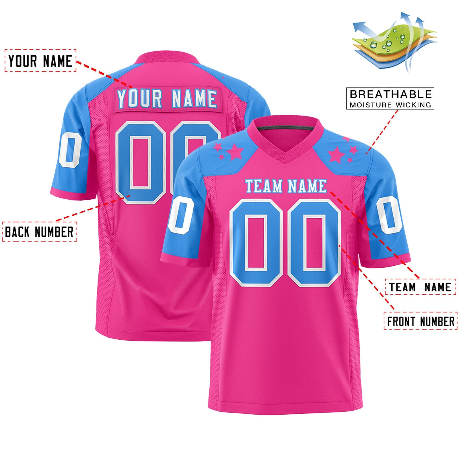 Custom Pink Powder Blue Personalized Shoulder Star Pattern Authentic Flag Football Jersey