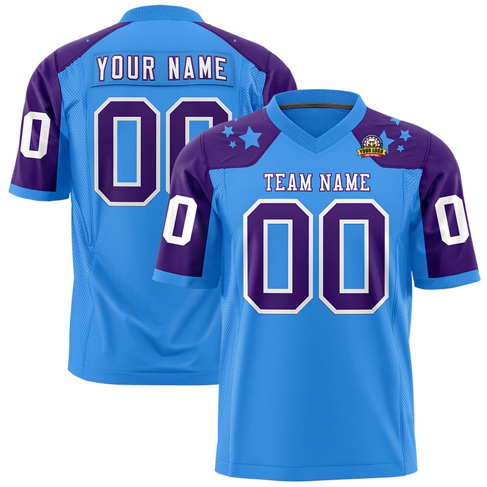 Custom Powder Blue Purple Personalized Shoulder Star Pattern Authentic Flag Football Jersey