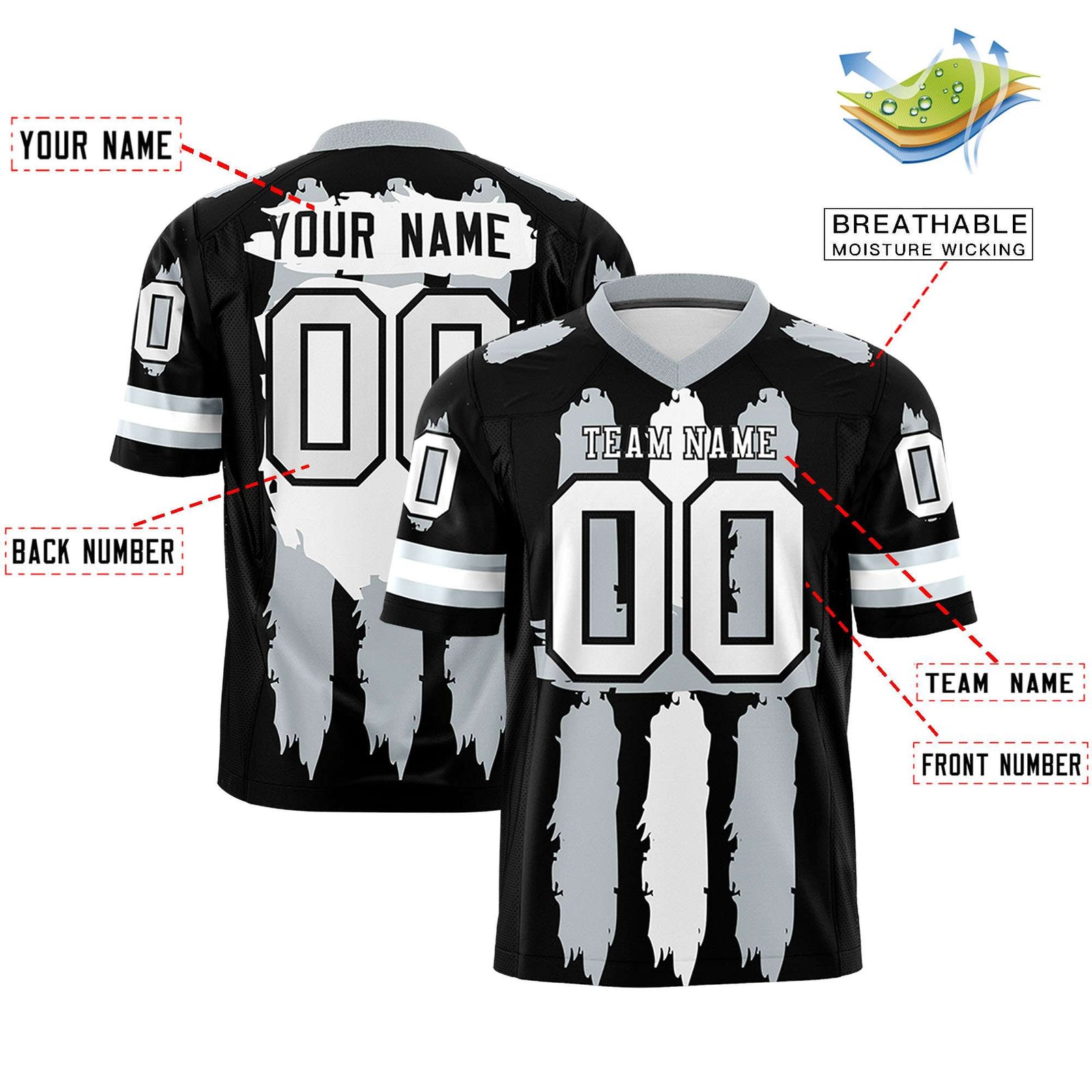 Custom Flag Football Jersey | Black Silver and White Graffiti Pattern Practice 7on7 Uniforms | Add name, number & logo| KXKSHOP