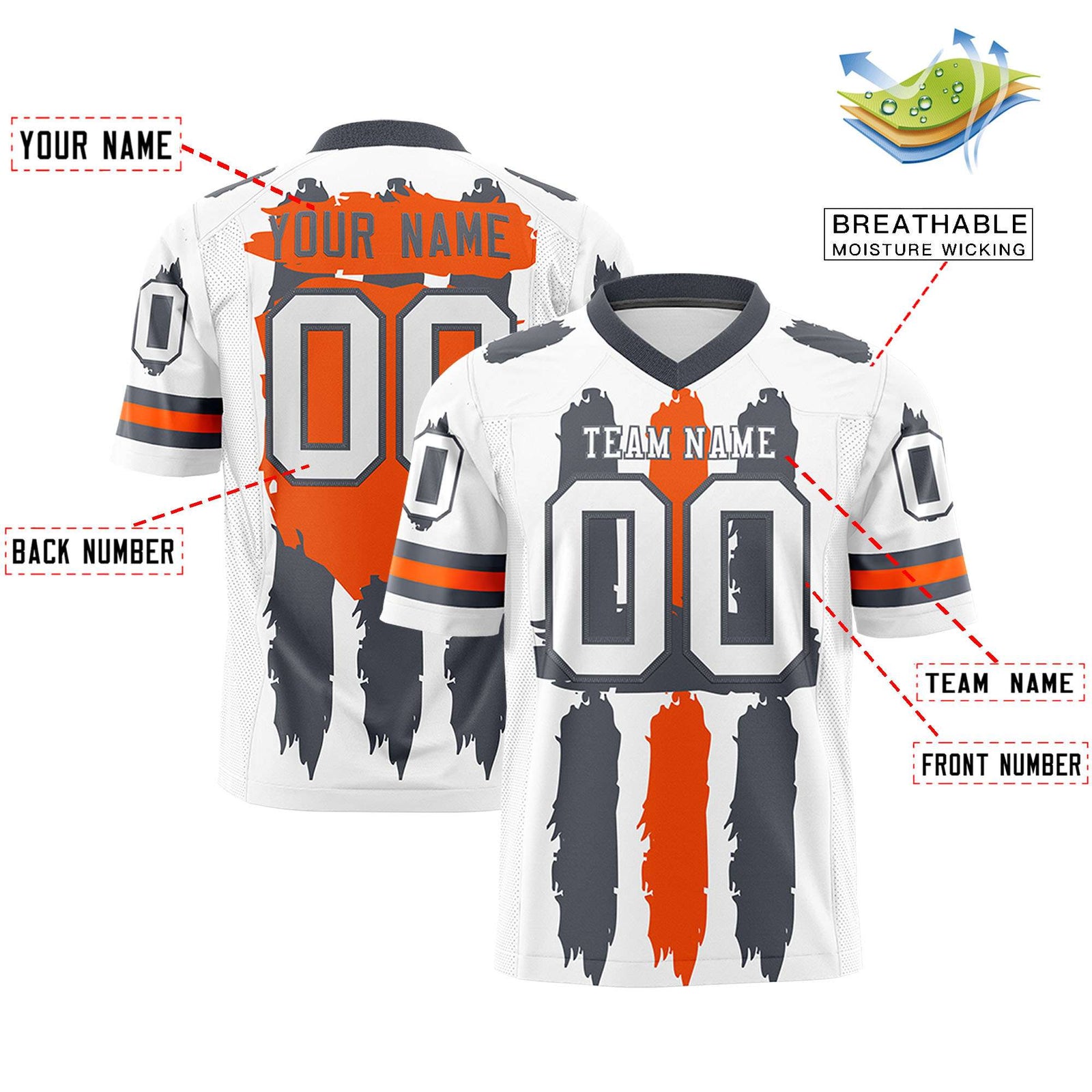 Custom Flag Football Jersey | White Dark Gray and Orange Graffiti Pattern Practice 7on7 Uniforms | Add name, number & logo| KXKSHOP