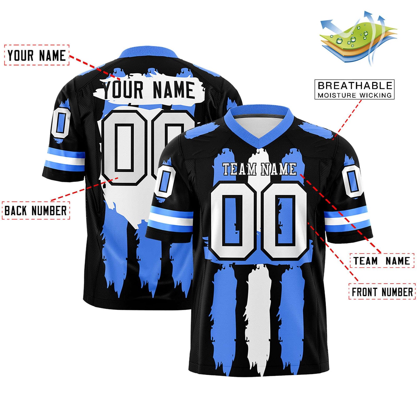 Custom Flag Football Jersey | Black Powder Blue and White Graffiti Pattern Practice 7on7 Uniforms | Add name, number & logo| KXKSHOP
