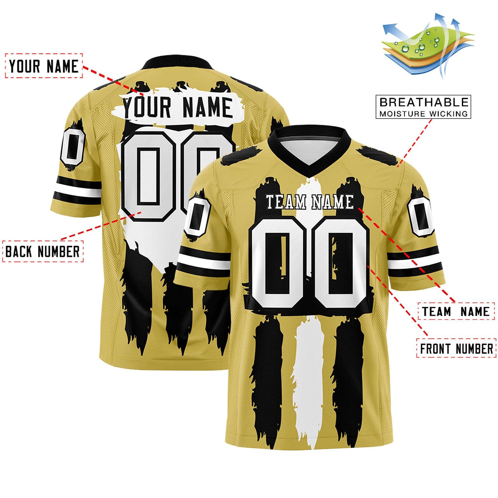 Custom Flag Football Jersey | Old Gold Black and White Graffiti Pattern Practice 7on7 Uniforms | Add name, number & logo| KXKSHOP