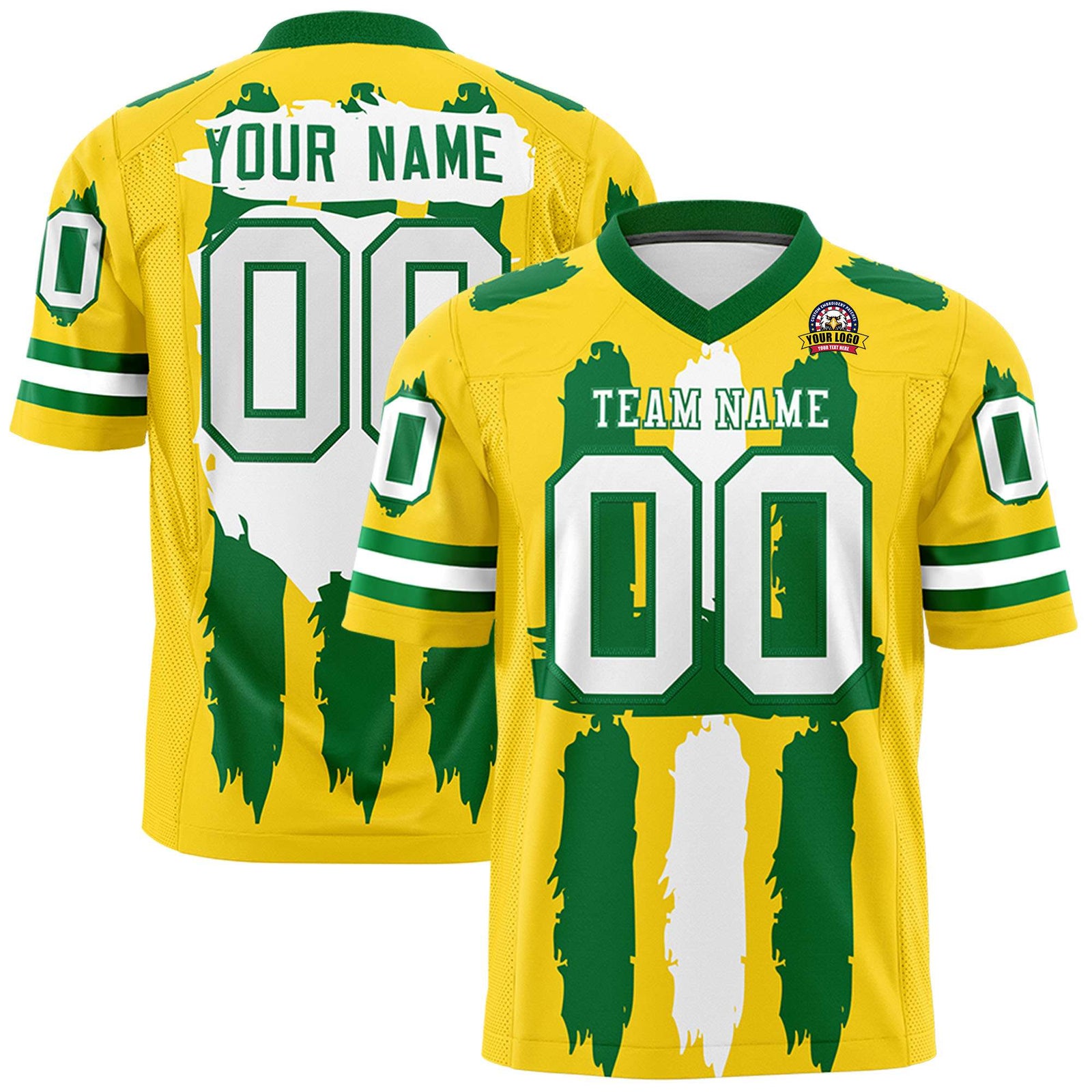 Custom Flag Football Jersey | Gold Kelly Green and Graffiti Pattern Practice 7on7 Uniforms | Add name, number & logo| KXKSHOP