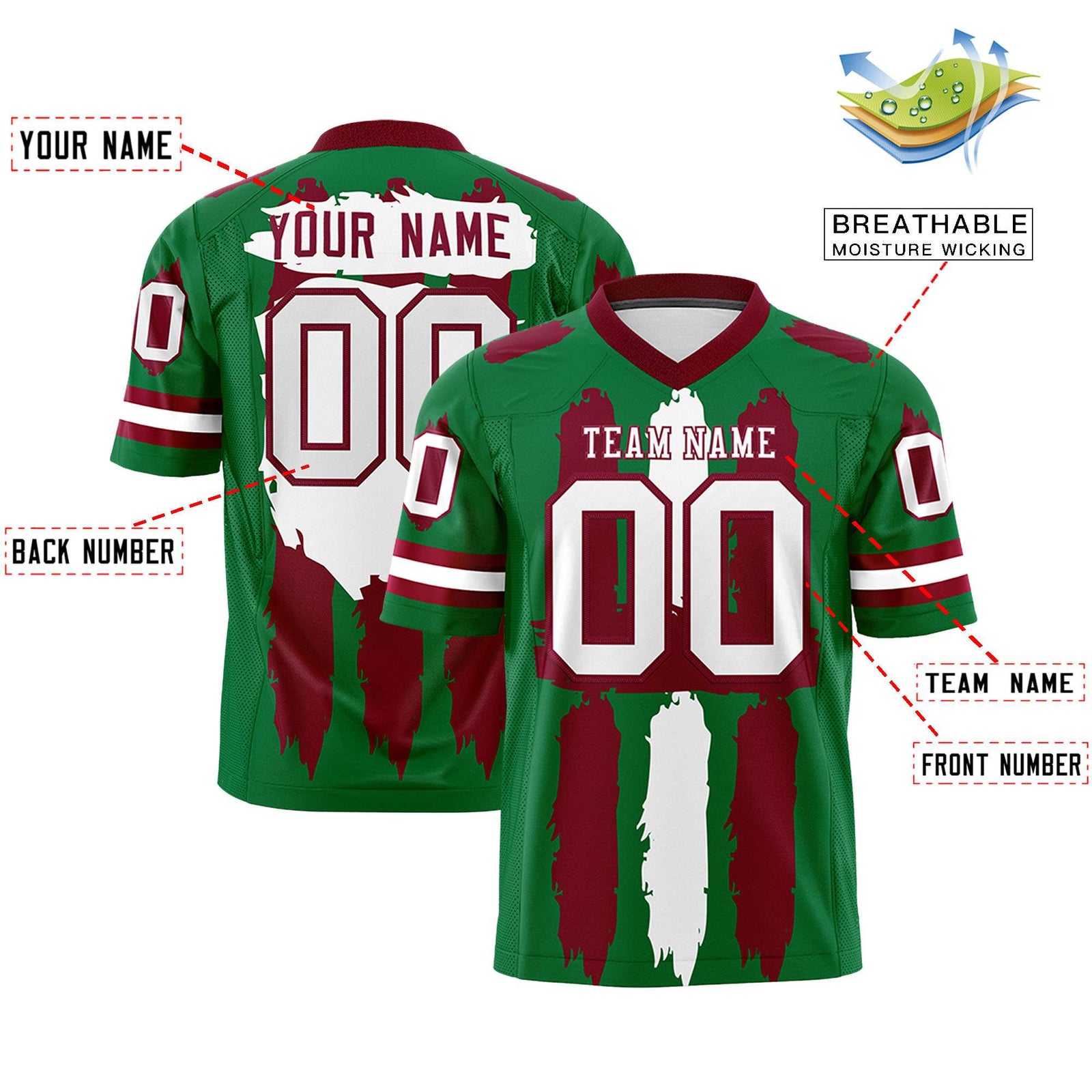 Custom Flag Football Jersey | Kelly Green Crimson and White Graffiti Pattern Practice 7on7 Uniforms | Add name, number & logo| KXKSHOP