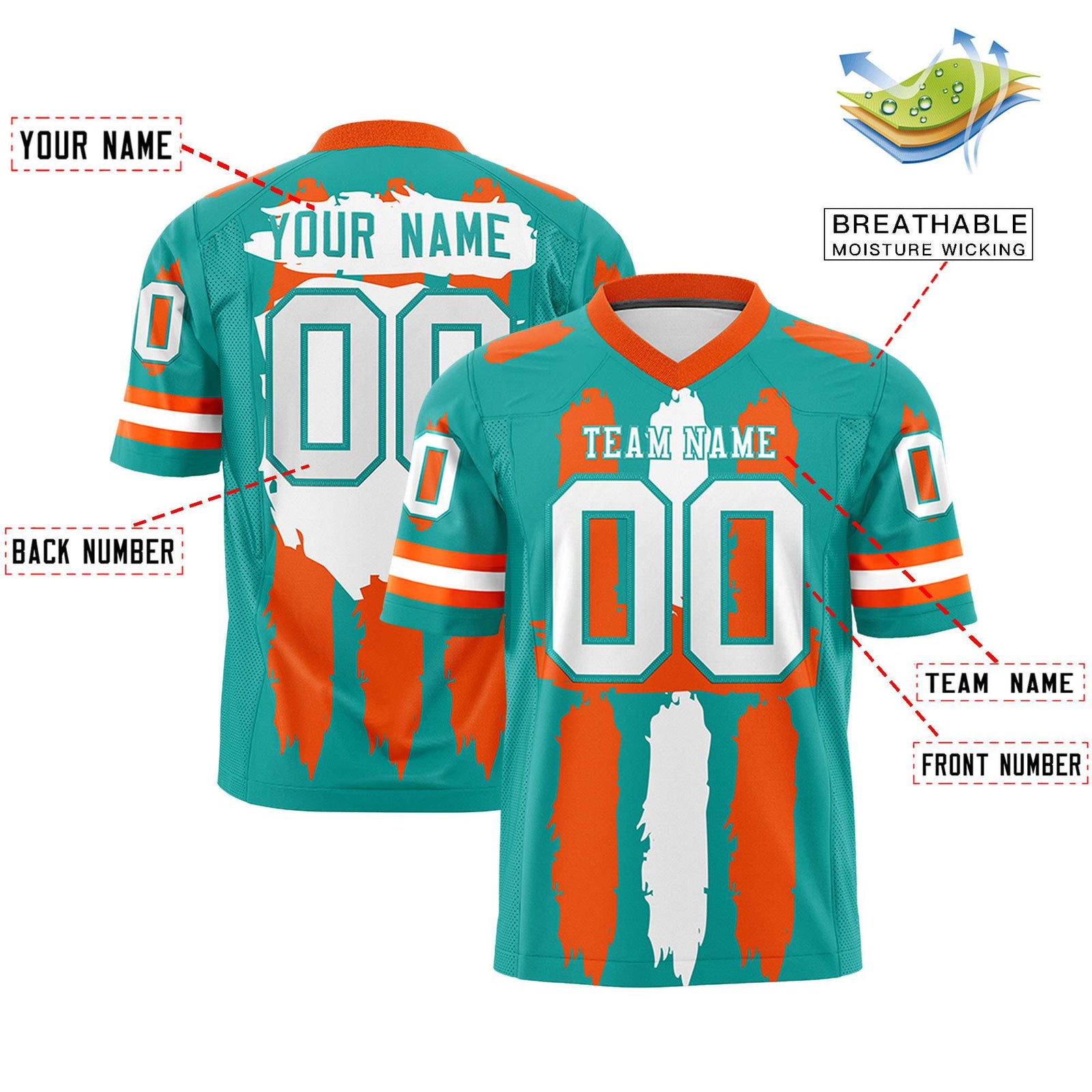 Custom Flag Football Jersey | Aqua Orange and White Graffiti Pattern Practice 7on7 Uniforms | Add name, number & logo| KXKSHOP