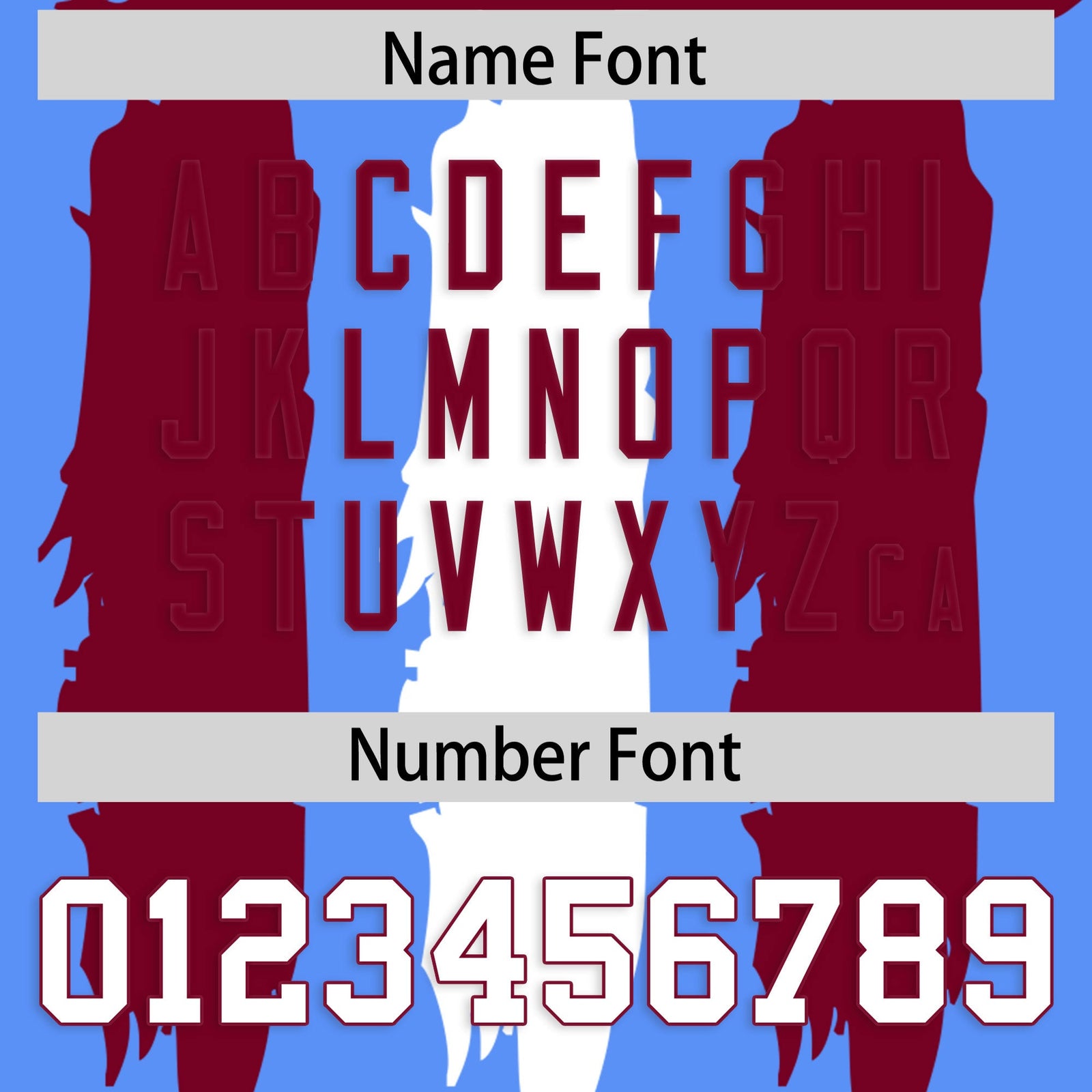 Custom Flag Football Jersey | Powder Blue Crimson and White Graffiti Pattern 7on7 Uniforms | Practice 7on7 Uniforms | Add Name, Number & Logo | KXKSHOP