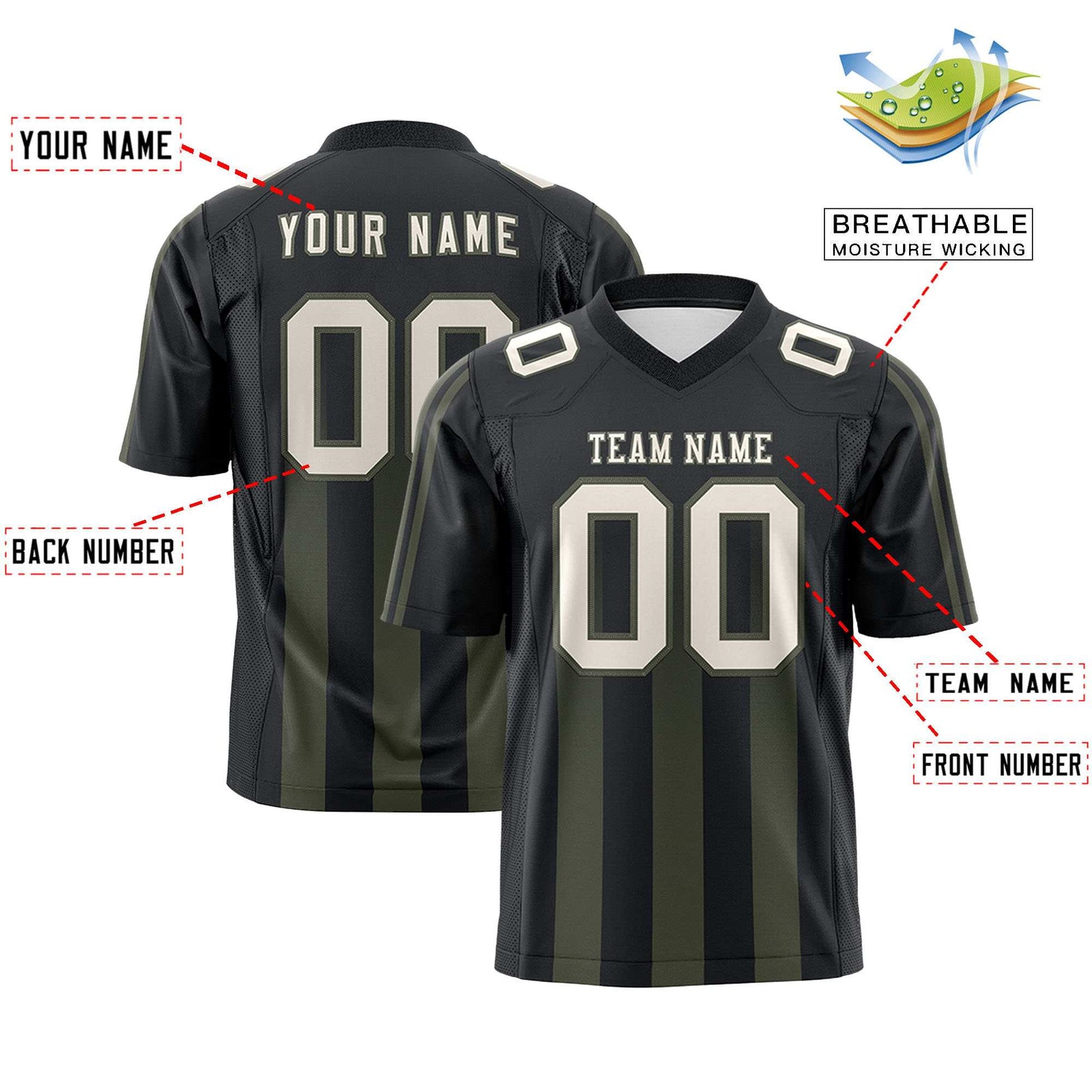 Custom Black Olive Vertical Fine Stripe Gradient Fashion Personalized Team Football Jersey