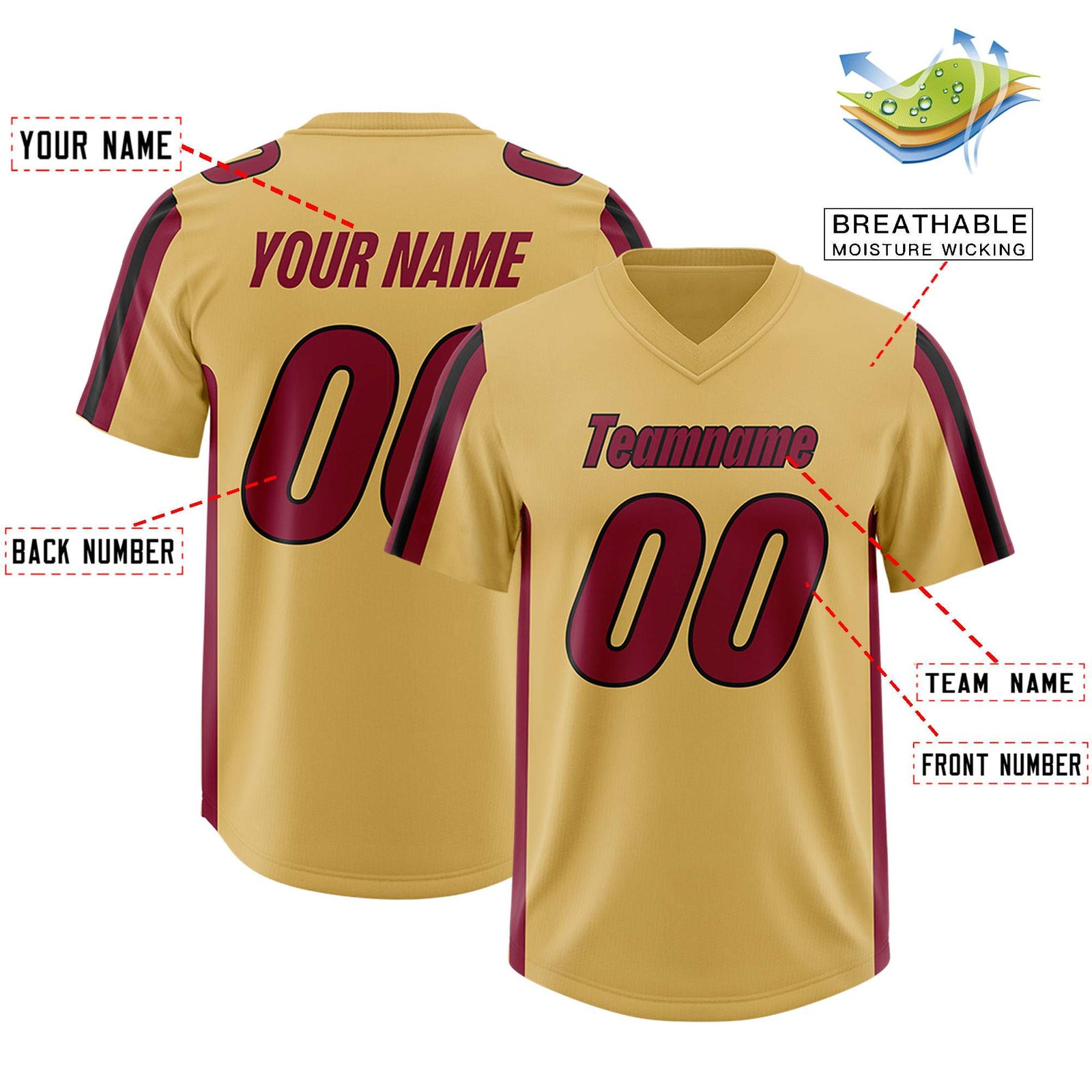 Custom Old Gold Cardinal and Black Side Stripe Pattern Authentic Football Jersey