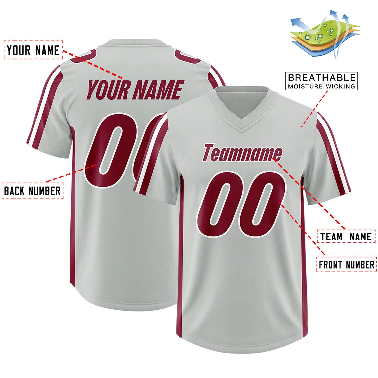 Custom Gray Crimson and White Side Stripe Pattern Authentic Football Jersey