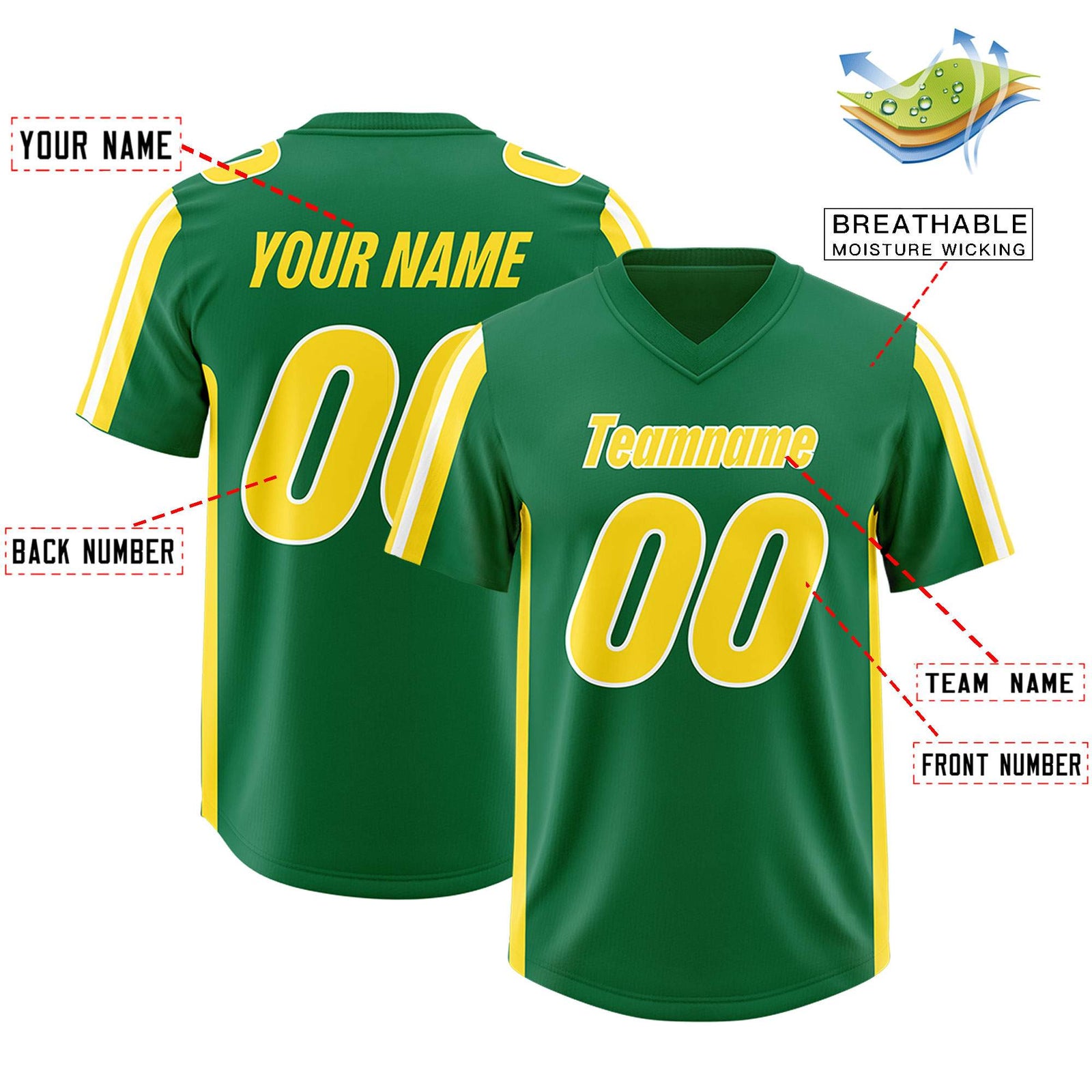 Custom Kelly Green Gold and White Side Stripe Pattern Authentic Football Jersey