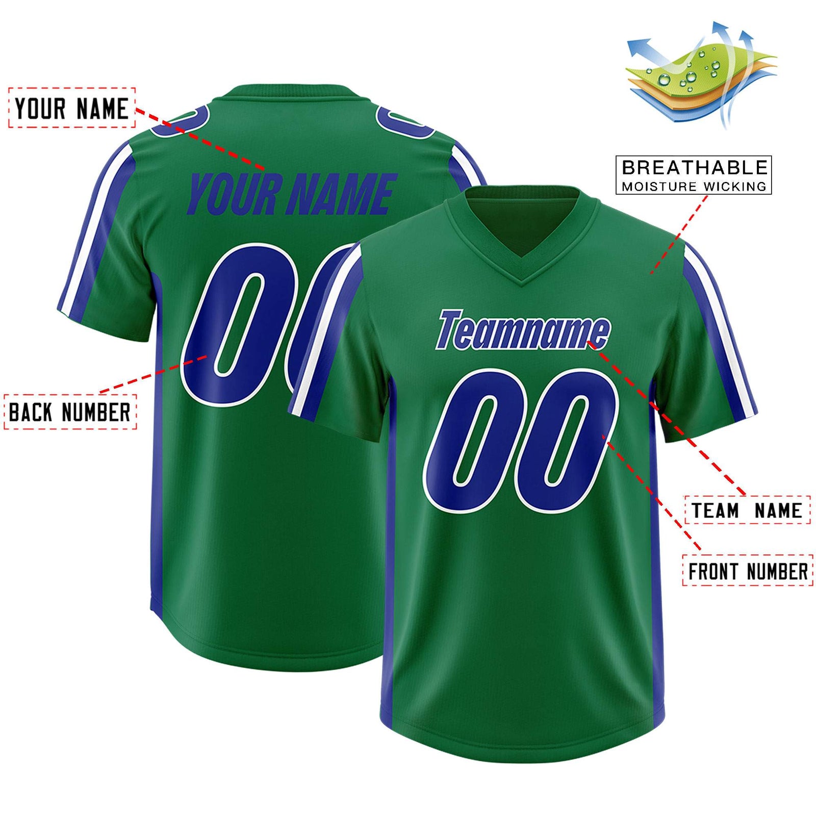 Custom Kelly Green Royal and White Side Stripe Pattern Authentic Football Jersey
