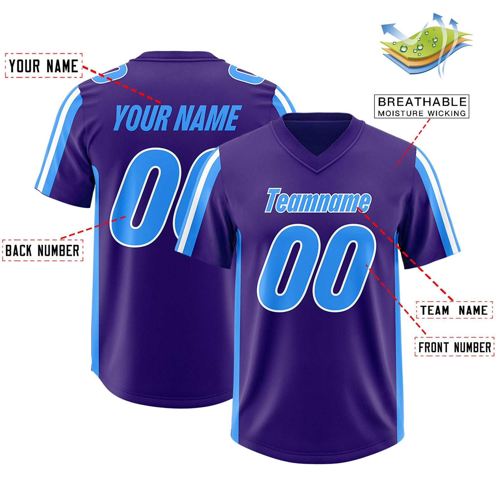 Custom Purple Light Blue and White Side Stripe Pattern Authentic Football Jersey